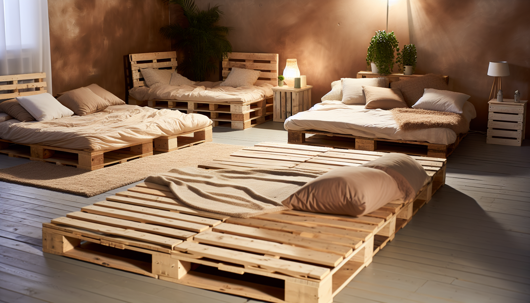 Eine Sammlung von bequemen Palettenbetten, kreativ gestaltet und in einem rustikalen Schlafzimmer platziert. Die Dekoration des Raumes ergÃ¤nzt die Holzstruktur der Betten, mit WÃ¤nden in neutralen TÃ¶nen, ein paar Zimmerpflanzen, die einen Hauch von GrÃ¼n verleihen, und sanfter, warmer Beleuchtung von einer Deckenlampe. Die BettwÃ¤sche auf den Palettenbetten ist in beruhigenden WeiÃŸ- und BeigetÃ¶nen gehalten, wobei einige von ihnen dekorative Kissen haben. Ein gemÃ¼tlicher Teppich ist auf dem Holzboden zu sehen und bietet einen weichen Platz fÃ¼r die FÃ¼ÃŸe, wenn man aus dem Bett steigt.