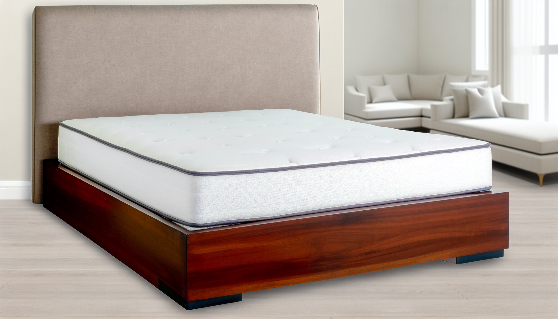 Ein Bild, das ein Boxspringbett zeigt. Dieses Bett ist ein in Nordamerika hÃ¤ufig verwendetes Bett und sollte einen einfachen, aber eleganten Bettrahmen aus reichhaltig gebeiztem Holz mit einer groÃŸen, bequemen Matratze oben enthalten. Das Bett verfÃ¼gt Ã¼ber eine Boxspringbasis und ein hohes, weiches Kopfteil, das mit einem neutralen Stoff bezogen ist. Das Bettlaken sollte frisch und weiÃŸ sein, wÃ¤hrend der Raum darum herum schick und minimalistisch gestaltet ist, um eine beruhigende Schlafumgebung zu schaffen.
