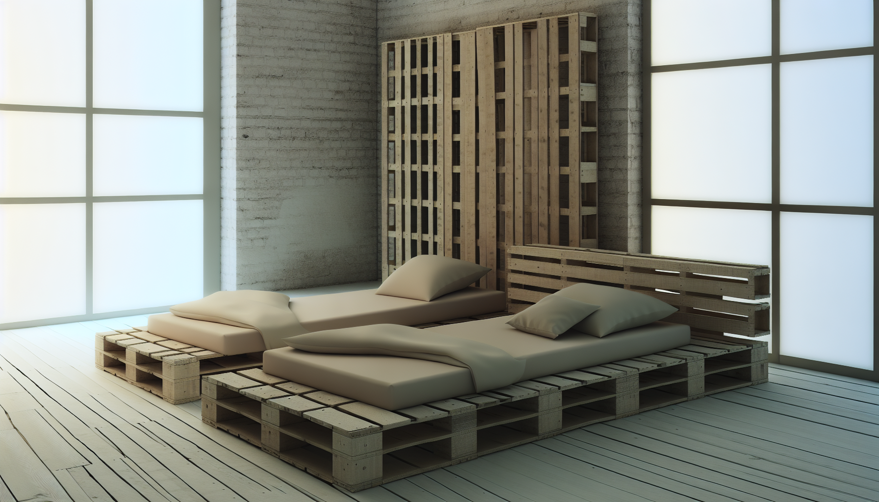 Eine kÃ¼nstlerische Darstellung von Palettenbetten, die oft im minimalistischen Innendesign verwendet werden. Die Szene zeigt eine schlichte Schlafzimmerumgebung; in der Mitte ragen zwei Palettenbetten aus der nackten Ziegelwand hervor. Die Holzstrukturen wirken elegant und sind mit bequemen Kissen und Bettlaken geschmÃ¼ckt, die ordentlich eingesteckt sind. Der rustikale Charme der Paletten, kombiniert mit der gedÃ¤mpften Eleganz der Dekoration, strahlt eine beruhigende Aura aus. Das natÃ¼rliche Licht, das durch ein groÃŸes Fenster auf der Seite strÃ¶mt, taucht den Raum in ein sanftes, mildes Licht.