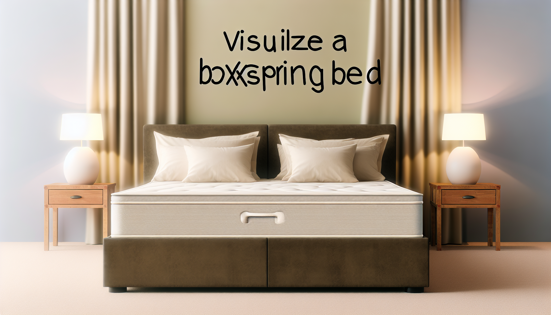 Visualisieren Sie ein Boxspringbett. Dieses klassische MÃ¶belstÃ¼ck sollte Ã¼ber einen Boxspring verfÃ¼gen, der oft aus hochwertigem Stoff oder Leder gefertigt ist und als Basis fÃ¼r die Matratze dient. Das Bett sollte mit feinen Bettlaken aus Leinen bedeckt sein, und am Kopfende sollten sich plÃ¼schige, bequeme Kissen befinden. Der Raum, in dem sich dieses Bett befindet, sollte eine ruhige, beruhigende AtmosphÃ¤re ausstrahlen, idealerweise mit warmem Licht, das der gesamten Szene einen sanften Glanz verleiht.
