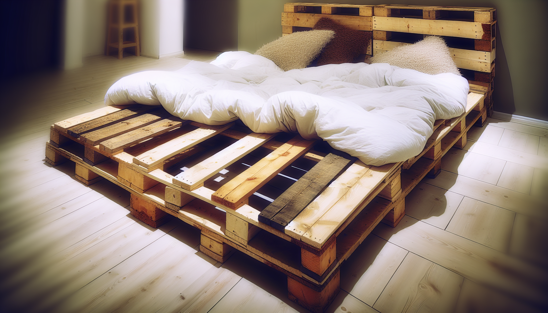 Ein Palettenbett ist sichtbar. Dieses kreative MÃ¶belstÃ¼ck ist ein beliebtes DIY-Projekt, oft aus wiederverwendeten Holzpaletten gefertigt. Der Bettgestell besteht aus einer Ansammlung von Holzpaletten, die Ã¼bereinander gestapelt und miteinander verbunden sind. Rau, aber dennoch markant, fÃ¼gt es sich perfekt in ein rustikales Innendesign-Thema ein. Das Palettenbett ist mit weichen, flauschigen Bettwaren und einer Vielzahl von gemÃ¼tlichen Kissen dekoriert, was es einladend macht. Der Raum um das Bett ist minimalistisch gestaltet, wodurch die Aufmerksamkeit des Betrachters auf die einzigartige Bettstruktur gelenkt wird. Subtile, warme Beleuchtung verstÃ¤rkt die AtmosphÃ¤re und hebt die gealterte Textur des Holzes hervor.