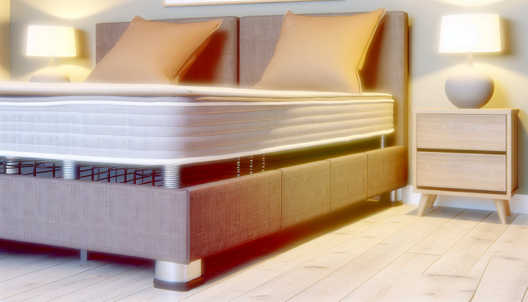 Ein detailliertes Bild eines Boxspringbettes in einem ordentlichen und gemütlichen Schlafzimmer. Das Bett sollte groß und einladend sein, gepolstert mit einem weichen Stoff. Es sollte auf einem stabilen Holzrahmen stehen, der die nötige Unterstützung und Höhe bietet. Die Bettwäsche sollte flauschige Kissen, eine Decke und eine warme Überwurfdecke umfassen. Neben dem Bett sollte ein moderner Nachttisch mit einer stilvollen Lampe stehen. Das Schlafzimmer sollte mit sanftem Licht beleuchtet sein, das ein Gefühl von Wärme und Komfort vermittelt. Das gesamte Farbschema sollte Ruhe ausstrahlen.