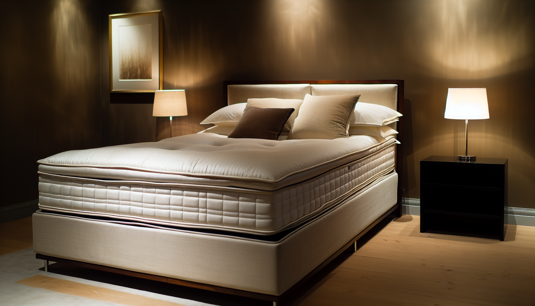 Ein luxuriÃ¶ses Boxspringbett steht vor dem Hintergrund eines warm beleuchteten Raumes. Das Bett, das mit plÃ¼schigen, ordentlich angeordneten Kissen und einer gut geglÃ¤tteten Bettdecke geschmÃ¼ckt ist, lÃ¤dt zu Komfort und Entspannung ein. Der Holzrahmen, der die Boxspringmatratze stÃ¼tzt, hat einen dunklen, reichen Farbton, der die cremefarbene BettwÃ¤sche betont. Neben dem Bett steht ein eleganter Nachttisch, auf dem eine schwach beleuchtete Tischlampe steht. Die WÃ¤nde des Raumes sind in sanften FarbtÃ¶nen gestrichen, die die allgemeine AtmosphÃ¤re der Ruhe ergÃ¤nzen. Der Boden ist mit einem weichen Teppich ausgelegt, der das gemÃ¼tliche GefÃ¼hl des Raumes verstÃ¤rkt.