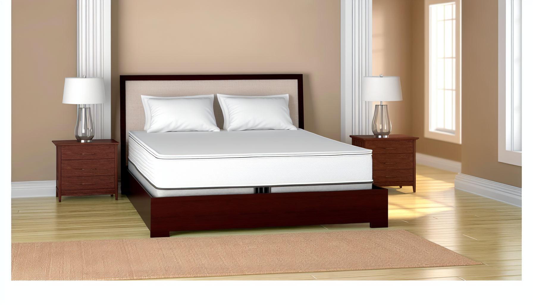 Stellen Sie sich ein elegantes Boxspringbett vor, das in der Mitte eines gut beleuchteten und warmen Schlafzimmers steht. Das Bett ist gerÃ¤umig, mit sauber aussehenden weiÃŸen Bettlaken und zwei weich aussehenden Kissen. Der Rahmen des Boxspringbettes ist in einem satten Dunkelbraun gehalten, was einen schÃ¶nen Kontrast zu den hellen WÃ¤nden des Schlafzimmers bildet. Neben dem Bett steht ein Holznachttisch mit einer modern gestalteten Lampe darauf. Ein farbneutraler Teppich am FuÃŸende des Bettes rundet die gemÃ¼tliche Szene ab.