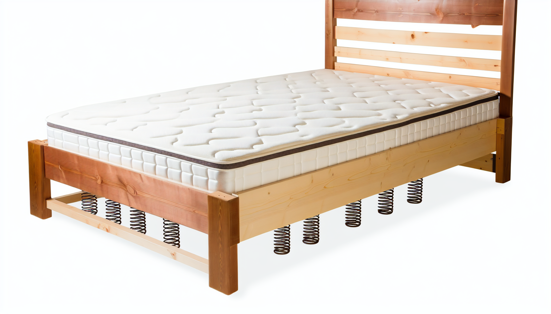 Ein Boxspringbett, traditionell gestaltet mit einer dicken Matratze, ruht auf einem Holzrahmen. Der Unterbau des Bettes besteht aus einer speziellen Art von Box, die sowohl Federn als auch hochwertiges Holzmaterial kombiniert, um zusÃ¤tzlichen Schlafkomfort zu bieten und die Lebensdauer der Matratze zu verlÃ¤ngern. Das Bett wirkt gut verarbeitet, mit einem angebauten Kopfteil, das ein HÃ¶chstmaÃŸ an Schlafkomfort bietet.