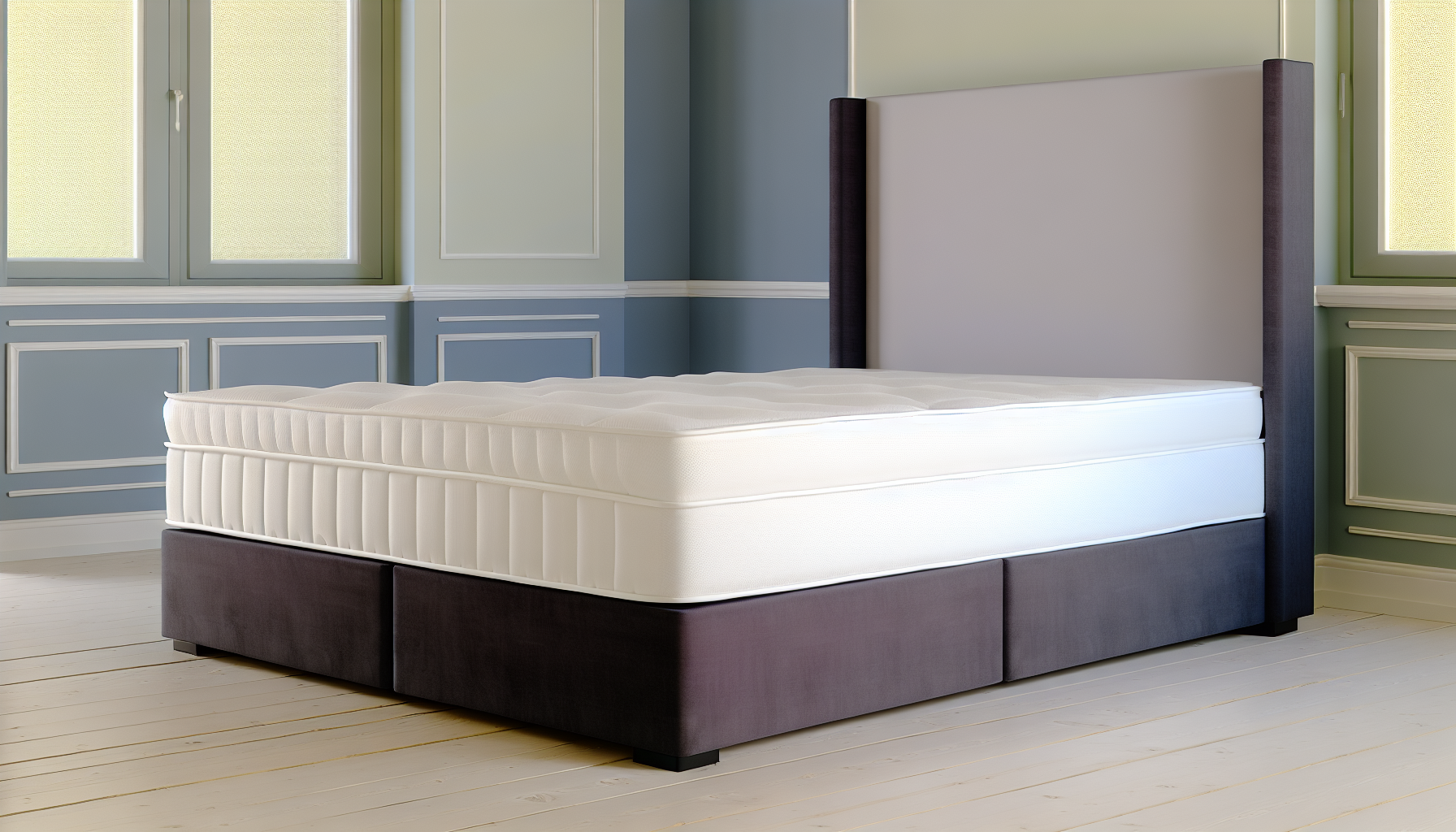 Ein luxuriÃ¶ses Boxspringbett steht im Zentrum eines sanft beleuchteten minimalistischen Schlafzimmers. Das Bett verfÃ¼gt Ã¼ber eine bequeme, dicke Matratze auf einem stabilen Holz-Boxspring, bedeckt mit einer eleganten weiÃŸen Bettdecke. Das hohe Kopfteil ist mit einem reichen, dunkelgrauen Stoff gepolstert, was dem gesamten Raumdekor einen Hauch von Raffinesse verleiht. Die WÃ¤nde des Raumes sind in einem beruhigenden Pastellton gestrichen, der die klaren weiÃŸen Zierleisten und den Holzboden ergÃ¤nzt. Die AtmosphÃ¤re des Raumes strahlt Komfort und Ruhe aus und lÃ¤dt zu einem friedlichen Schlaf ein.