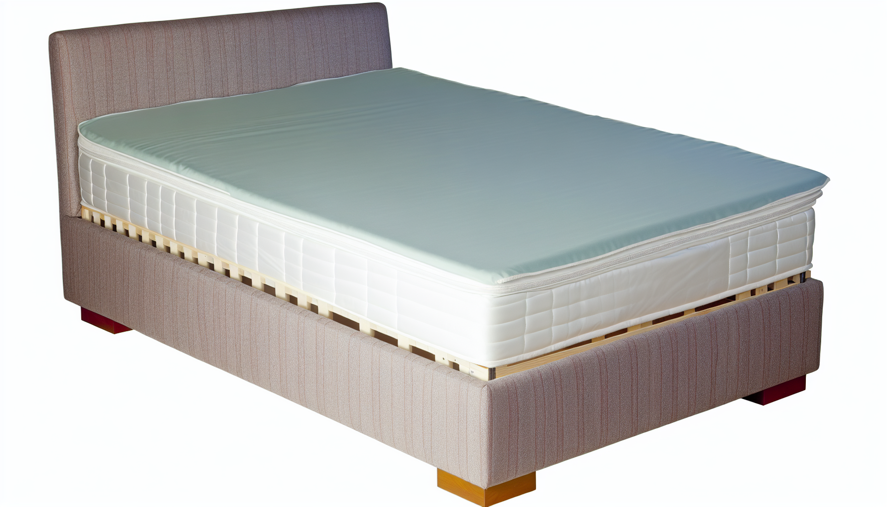 Ein Bild eines Boxspringbetts. Das Bett hat ein ruhiges Erscheinungsbild mit einem dicken, gepolsterten Bezug, der ordentlich darauf platziert ist. Die Basis des Bettes ist vom Boden erhÃ¶ht, was Platz fÃ¼r Stauraum darunter bietet. Der Rahmen des Bettes ist mit einem auffÃ¤lligen, farblich passenden Stoff bezogen, der mit dem Bezug oben harmoniert und eine Kombination aus Komfort und Stil suggeriert. DarÃ¼ber hinaus steht das Bett auf vier kurzen, stabilen Holzbeinen, wÃ¤hrend das Kopfteil mit luxuriÃ¶ser Polsterung versehen ist, die zusÃ¤tzlichen Komfort fÃ¼r diejenigen bietet, die sich entspannen oder schlafen.