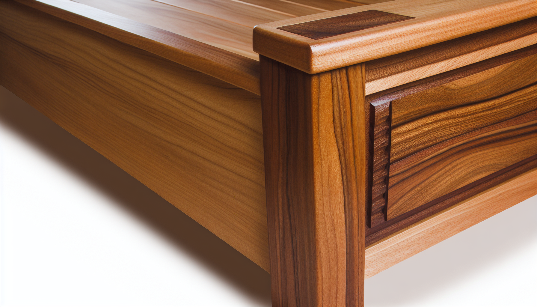 Ein wunderschön gestaltetes Bett aus massivem Holz. Das Design besteht aus einer schlanken und stabilen Struktur mit einer glatten, polierten Oberfläche, die die natürlichen Maserungen und Farben des Holzes zur Geltung bringt. Die Ecken sind sanft abgerundet, um dem Stück eine gewisse Weichheit zu verleihen. Das Kopfteil ist etwas höher und verfügt über eingearbeitete Schnitzereien, die einen eleganten Akzent setzen. Seine feinen Texturen und Muster vermitteln ein warmes und gemütliches Gefühl und laden dazu ein, sich in seiner behaglichen Umarmung auszuruhen.