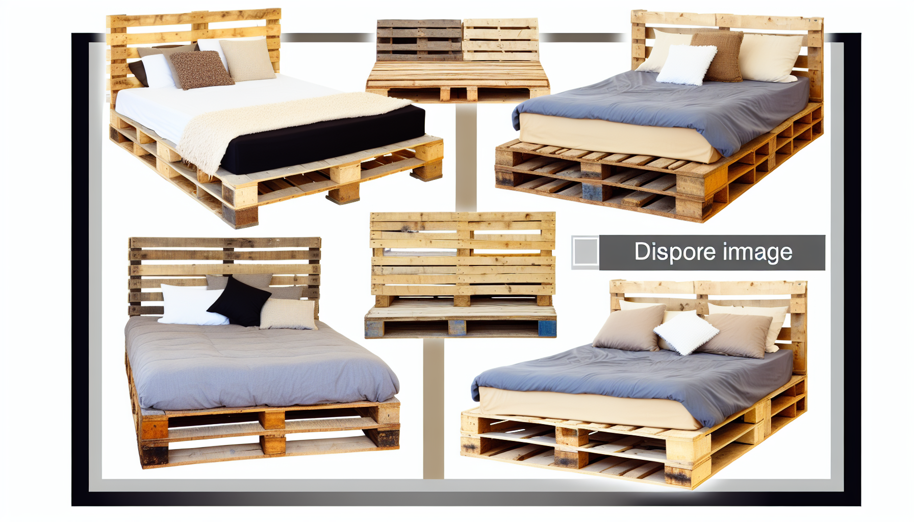 Zeigen Sie ein Bild von Palettenbetten. Diese sollten aus Holzpaletten konstruiert sein und im rustikalen Stil gestaltet werden. Sie kÃ¶nnen Elemente wie wiederverwendetes Holz, natÃ¼rliche OberflÃ¤chen und einen industriellen Look aufweisen. Einige der Betten kÃ¶nnten kreative Designs haben, wie erhÃ¶hte Plattformen, integrierten Stauraum oder kunstvolle Kopfenden. Das Bild sollte auch passende BettwÃ¤sche enthalten, wie Decken, Kissen und ÃœberwÃ¼rfe, um den einzigartigen Look dieser Betten zu ergÃ¤nzen. Bitte stellen Sie sicher, dass eine Vielzahl von Stilen und Designs vertreten ist.