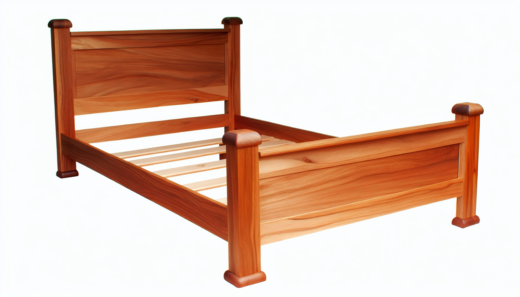 Ein wunderschÃ¶n gestaltetes Bett aus massivem Holz. Das Bett hat eine glatte, polierte OberflÃ¤che und zeigt die natÃ¼rliche, reiche Maserung des Holzes. Es verfÃ¼gt Ã¼ber ein stabiles Kopf- und FuÃŸteil mit einfach geschnitzten Details sowie unterstÃ¼tzenden Seitenleisten. Der Bettrahmen ist leicht vom Boden erhÃ¶ht und ruht auf kurzen, runden Holzbeinen. Das Bett ist unbedeckt, ohne BettwÃ¤sche oder Kissen.