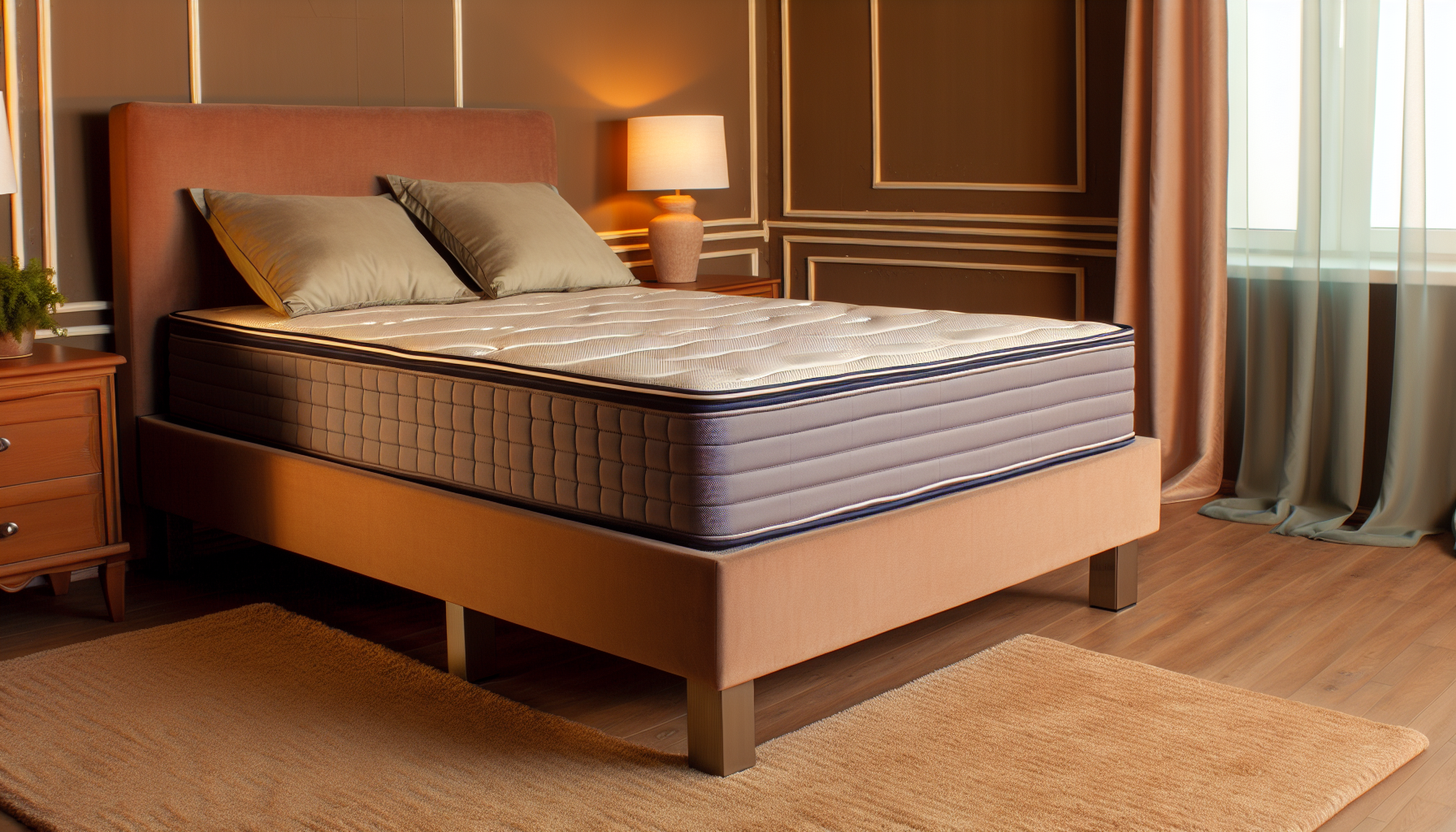 Ein Bild eines Boxspringbettes in einem komfortablen und warmen Schlafzimmer. Das Bett verfÃ¼gt Ã¼ber eine dicke Matratze, die auf einem Boxspring ruht und von einem Holz- oder Metallbettgestell vom Boden erhÃ¶ht ist. Die Stoffe und BettwÃ¤sche sind in beruhigenden ErdtÃ¶nen gehalten. Die umliegenden SchlafzimmermÃ¶bel, einschlieÃŸlich eines Nachttischs mit einer Lampe, sind elegant in einem passenden Stil gestaltet.