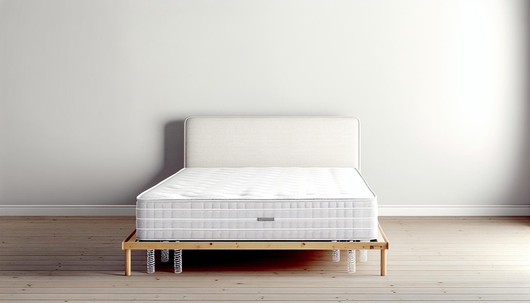 Ein gut gestaltetes, klassisches Boxspringbett vor einem minimalistischen Hintergrund. Das Bett zeigt sein charakteristisches Design mit einem stabilen Holzrahmen, der unter einem maÃŸgeschneiderten Bezug verborgen ist und auf einer speziell entwickelten Federkernmatratze sitzt. Der Hintergrund ist schlicht, aber elegant, sodass das Bett im Mittelpunkt steht. Der Rahmen des Bettes und die Federn sind von auÃŸergewÃ¶hnlicher QualitÃ¤t und bieten optimalen Halt und HÃ¶he. Eine dicke und bequeme Matratze ruht auf dieser Basis, ergÃ¤nzt durch ein perfekt passendes Kopfteil, das das Bild von Raffinesse und Komfort abrundet.