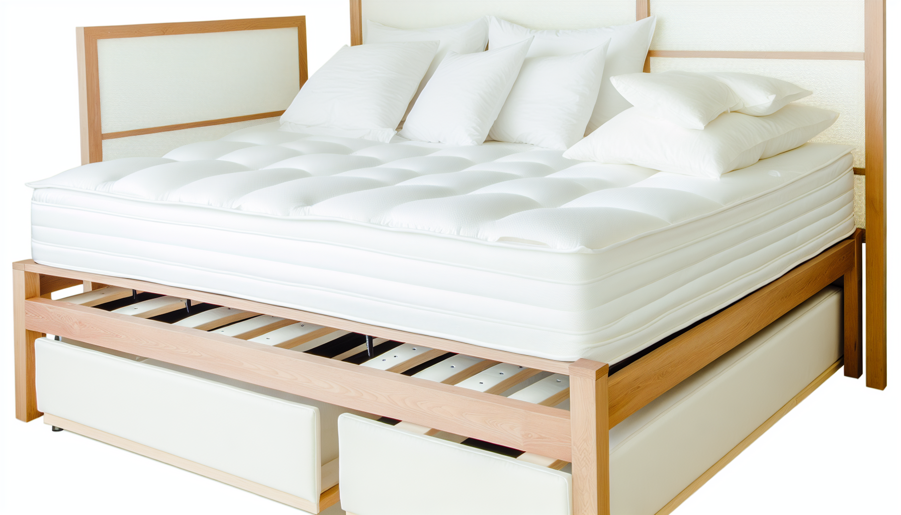 Ein gemÃ¼tliches und komfortables Boxspringbett mit einem eleganten Holzrahmen und einer weichen Matratze. Frisch gewaschene weiÃŸe BettwÃ¤sche und flauschige Kissen schmÃ¼cken das Bett und schaffen eine einladende und entspannende AtmosphÃ¤re. Die Struktur des Bettes wirkt stabil, ist jedoch leicht zu bewegen. Die gesamte Dekoration rund um das Bett sollte Ã¤sthetisch harmonieren und auf ein durchdachtes Innendesign hinweisen.