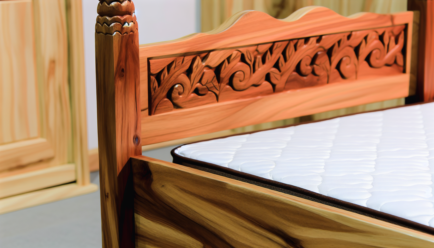 Ein Bett, das vollstÃ¤ndig aus massivem Holz gefertigt ist. Die Bettpfosten und der Bettrahmen zeigen wunderschÃ¶n geschnitzte Designs, die die akribische Liebe zum Detail eines Handwerkers zur Schau stellen. Die natÃ¼rliche Maserung des Holzes ist deutlich sichtbar und trÃ¤gt zur rustikalen Anziehungskraft des Bettes bei. Eine gemÃ¼tliche, plÃ¼schige Matratze ruht auf dem Rahmen und vervollstÃ¤ndigt dieses zeitlose MÃ¶belstÃ¼ck.