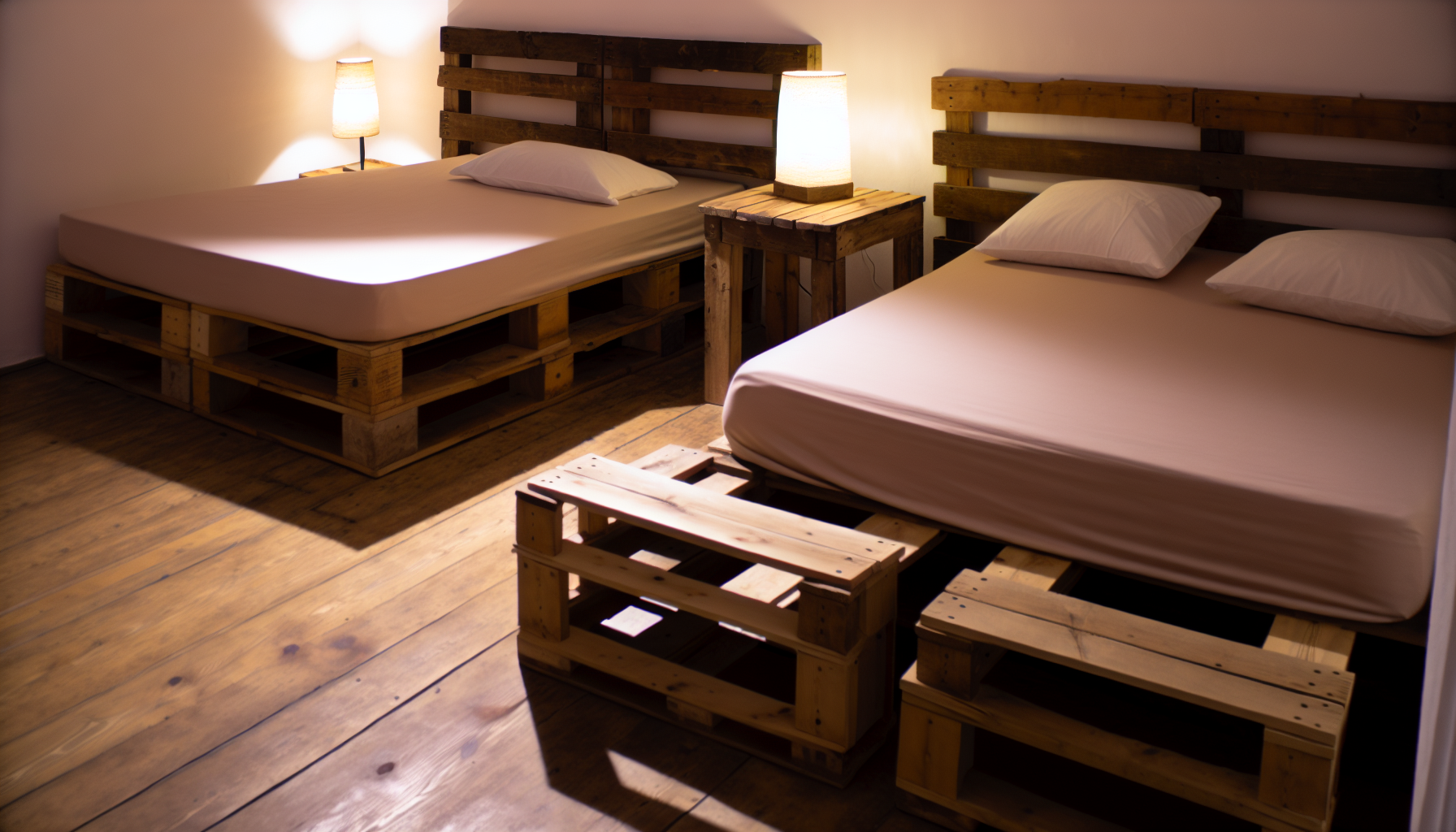 Ein Blick auf ein rustikales Schlafzimmer mit Palettenbetten. Die Holzbette sind handgefertigt und haben ein einfaches Design, das die natÃ¼rliche Maserung und Textur des Holzes zur Geltung bringt. Auf den Betten liegen bequeme Matratzen, die mit sauberen, gemÃ¼tlichen BettwÃ¤sche bezogen sind. Das Schlafzimmer hat eine warme, einladende AtmosphÃ¤re, mit sanfter Beleuchtung, die einen beruhigenden Schein auf die Umgebung wirft. Neben jedem Bett steht ein kleiner Tisch aus demselben Material wie die Betten, auf dem eine Leselampe und ein Stapel BÃ¼cher stehen. Der Raum ist minimalistisch gestaltet und betont funktionales Design sowie nachhaltige Materialien.