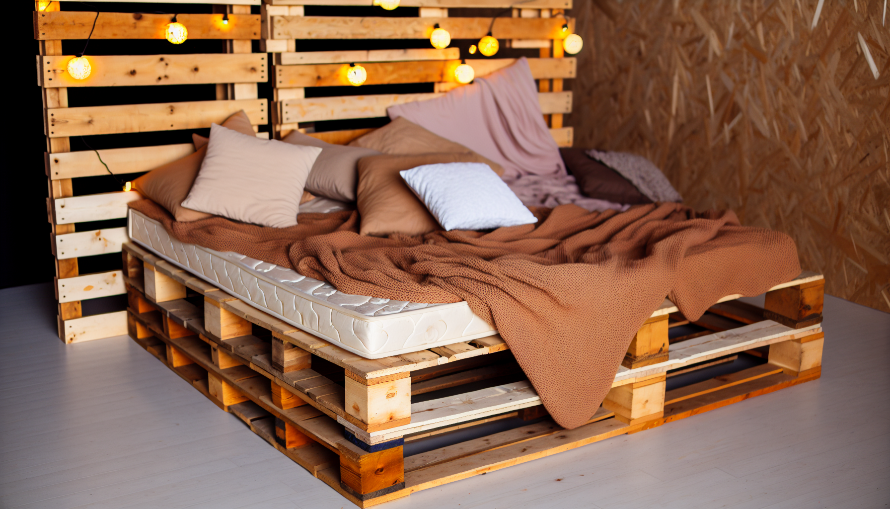 Ein Bild von Palettenbetten. Holzpaletten sind Ã¼bereinander gestapelt, um eine erhÃ¶hte Plattform zu schaffen. Auf der Plattform liegt eine Matratze, umgeben von gemÃ¼tlichen Decken und Kissen. Ãœber dem Bett sind rustikale, warme Lichterketten drapiert, die ein sanftes Licht ausstrahlen. Die gesamte AtmosphÃ¤re der Szene ist gemÃ¼tlich und einladend.