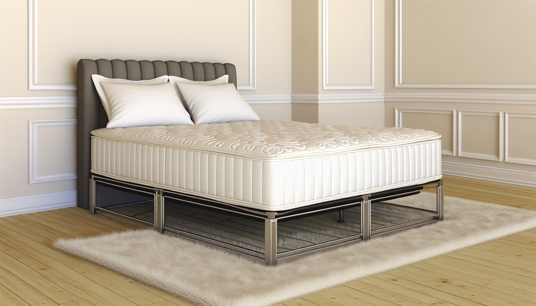 Stellen Sie sich ein klassisches Boxspringbett vor. Das Bett ist groÃŸ und einladend, mit einer luxuriÃ¶sen Matratze, die auf einer stabilen Boxspringbasis ruht. Es hat einen kunstvoll gestalteten Metallrahmen, der das Bett stÃ¼tzt. Auf der Matratze liegt eine aufwendig gestickte weiÃŸe Bettdecke, die ordentlich eingesteckt ist. Am Kopfende des Bettes lehnen sich ein paar flauschige Kissen an. Der Raum, in dem sich das Bett befindet, ist ein einfaches Schlafzimmer mit hellen WÃ¤nden und minimalistischem Mobiliar. Der Boden ist aus Holz, mit einem weichen Teppich, der neben dem Bett liegt.