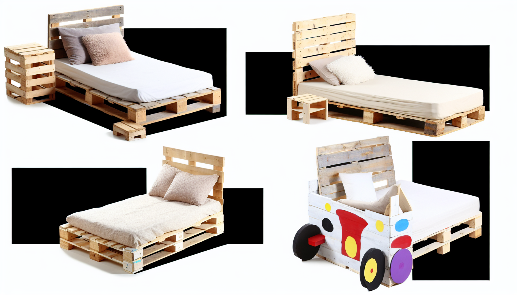 Ein Bild, das verschiedene Arten von Palettenbetten zeigt. Das erste sollte ein kleines, freistehendes Bett sein, aus geschliffenen und lackierten Holzpaletten, das mit einer bequemen Matratze und flauschigen Kissen ausgestattet ist. Das zweite sollte ein grÃ¶ÃŸeres Palettenbett sein, unlackiert, das eine rustikale AtmosphÃ¤re ausstrahlt, mit einem angehÃ¤ngten Nachttisch aus einer weiteren Palette. SchlieÃŸlich sollte ein Kinderpalettenbett enthalten sein, das wie ein Rennauto gestaltet ist, in leuchtenden Farben lackiert, komplett mit RÃ¤dern und Aufklebern. Beachten Sie, dass alle Betten leer sein sollten, keine Menschen in der Szene.