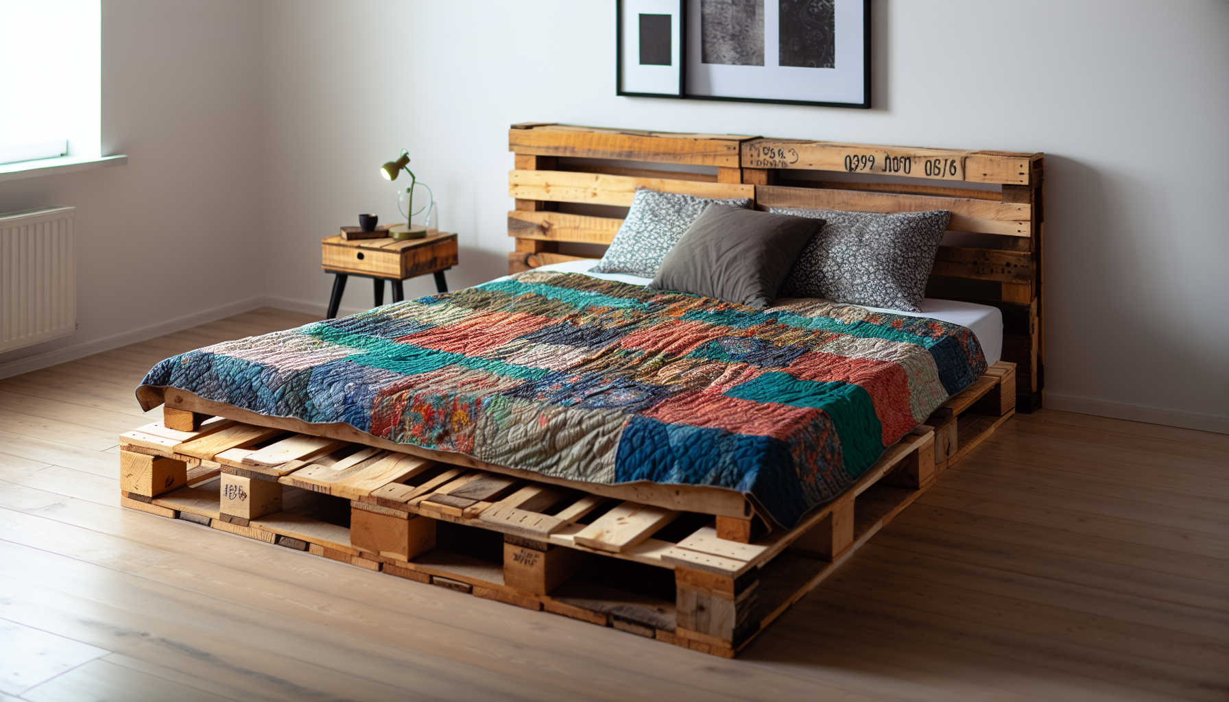 Ein rustikales, handgefertigtes Bett aus Holzpaletten in einem minimalistischen Schlafzimmer. Der Bettrahmen besteht aus wiederverwendeten Holzpaletten, die die rohe und raue Textur des Holzes zur Schau stellen. Darauf liegt eine bequeme, mehrfarbige Decke mit einem eklektischen Muster, die einen schÃ¶nen Kontrast zur erdigen Holztextur bietet. Der Raum ist dezent beleuchtet, was eine warme, einladende und gemÃ¼tliche AtmosphÃ¤re schafft. Die WÃ¤nde sind weiÃŸ und mit schwarz-weiÃŸen Kunstfotografien geschmÃ¼ckt, die die gesamte Ã„sthetik ergÃ¤nzen. Ein kleiner Nachttisch mit einer Vintage-Lampe steht auf einer Seite des Bettes und vervollstÃ¤ndigt die ruhige Umgebung.