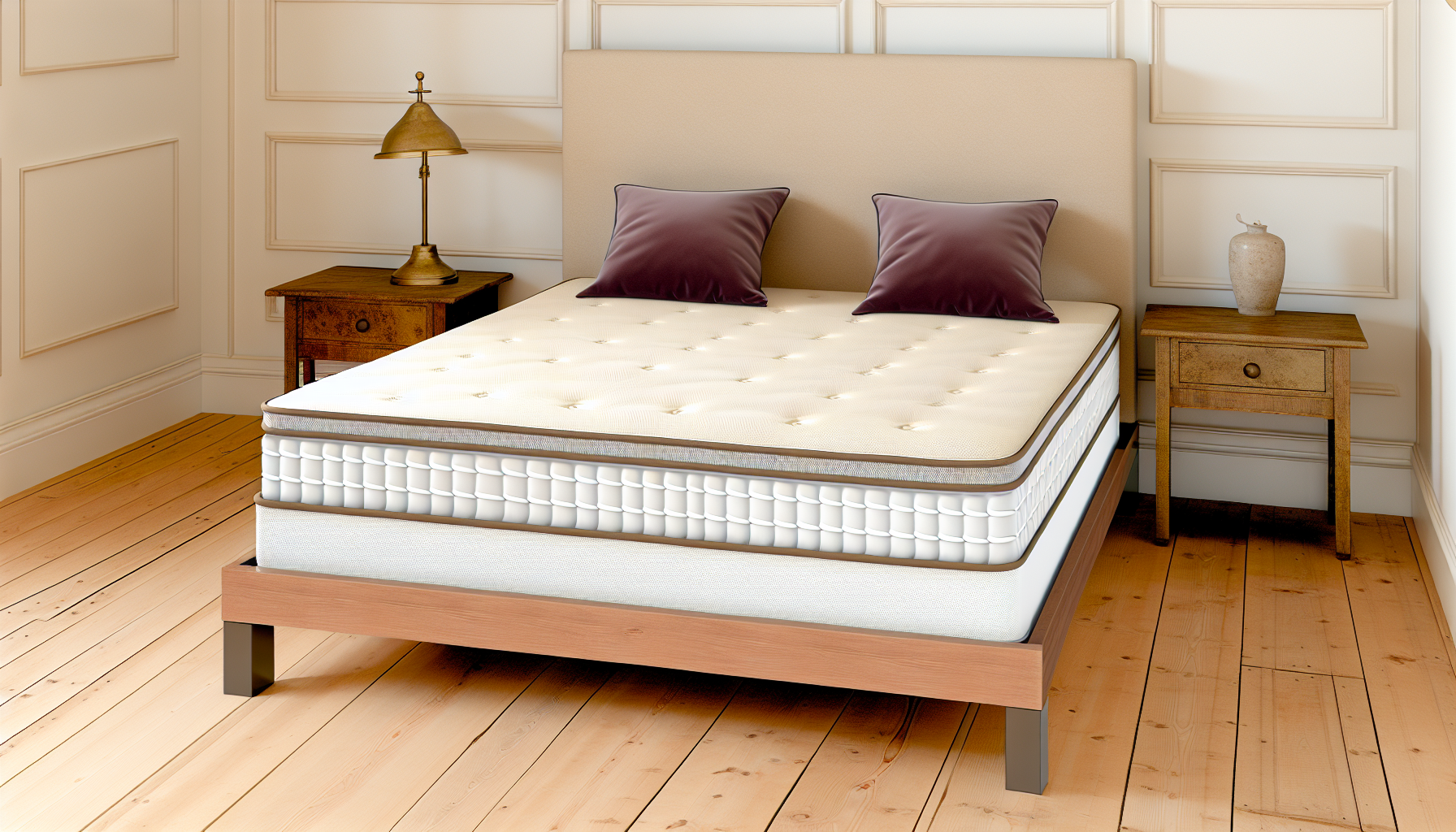 Stellen Sie sich ein Boxspringbett vor, das in deutschen Schlafzimmern weit verbreitet ist. Dieses MÃ¶belstÃ¼ck zeichnet sich durch eine robuste Boxspringbasis aus, auf der eine bequeme Matratze liegt, sowie ein gut gepolstertes Kopfteil. Das Bett ist mit einer beigen Tagesdecke und dunkelbraunen Kissen dekoriert. Der Bettrahmen besteht aus Holz mit einer polierten OberflÃ¤che. Der Raum hat cremeweiÃŸe WÃ¤nde, einen Holzboden und eine minimalistische Dekoration, die die AttraktivitÃ¤t des Bettes unterstreicht. Neben dem Bett steht ein kleiner Nachttisch mit einer vintage Messinglampe, die eine gemÃ¼tliche AtmosphÃ¤re schafft.