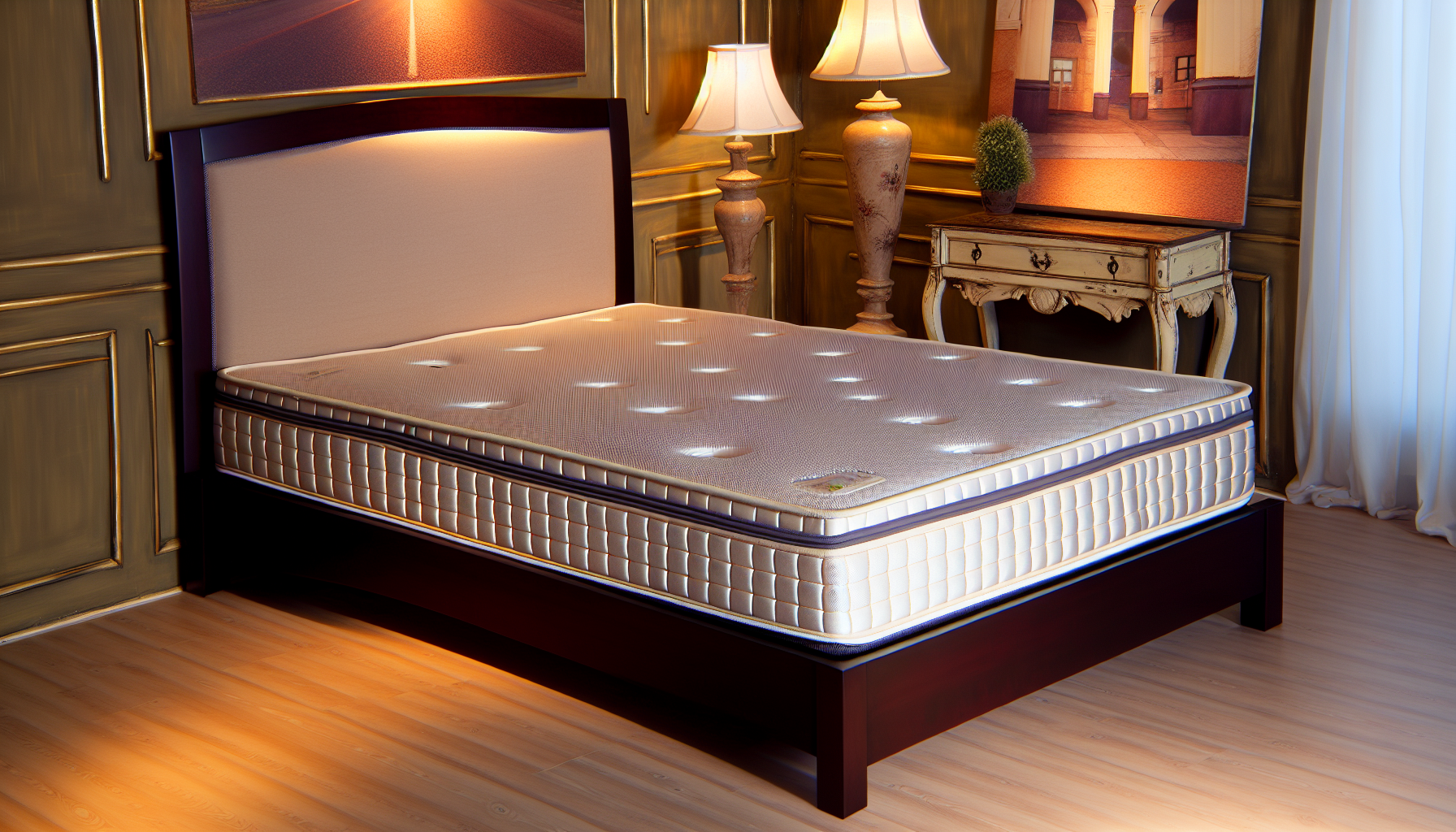 Ein luxuriÃ¶ses Boxspringbett steht in einem geschmackvoll eingerichteten Raum. Das Bett strahlt eine auffÃ¤llige Eleganz aus, mit einem stabilen Holzrahmen, der in einem reichen dunklen Farbton lackiert ist. Die Matratze ist dick und sieht bequem aus, mit einem gut genÃ¤hten, weichen Stoffbezug. Neben dem Bett steht ein eleganter antiker Nachttisch mit einer schicken Lampe darauf, die ein warmes und einladendes Licht im Raum verbreitet. Die Umgebungsbeleuchtung schafft eine ruhige und gemÃ¼tliche AtmosphÃ¤re, die den komfortablen Look des Boxspringbettes ergÃ¤nzt. Die WÃ¤nde des Raumes sind mit geschmackvollen Kunstwerken geschmÃ¼ckt, die zum insgesamt heimeligen Charme des Raumes beitragen.
