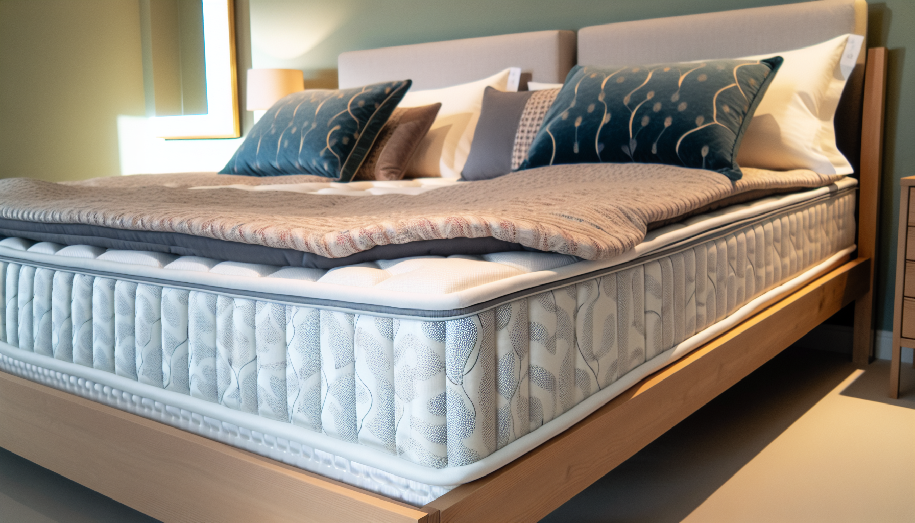 Eine detaillierte Ansicht eines Boxspringbettes mit plÃ¼schigen Matratzen, einem stabilen Holzrahmen und weicher BettwÃ¤sche. Das Bett steht in einem geschmackvoll eingerichteten Schlafzimmer mit neutralen FarbtÃ¶nen und minimalistischem Design. Die WÃ¤nde sind in einem beruhigenden Farbton gestrichen, und der Raum ist sanft beleuchtet, was eine ruhige und einladende AtmosphÃ¤re schafft. Das Bettlaken und die Kissen auf dem Bett zeigen ein Muster aus komplementÃ¤ren Farben, das sich von einer kontrastierenden Decke abhebt. Das Boxspringbett setzt ein Statement als Mittelpunkt des Raumes und betont Komfort und Stil.