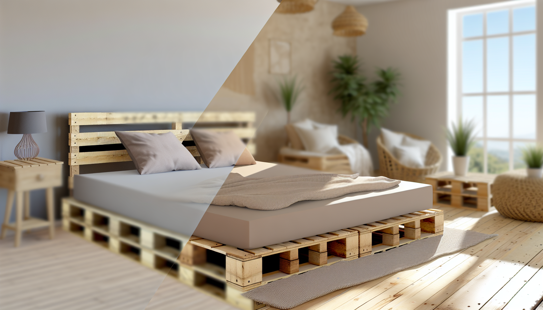 Erstellen Sie ein Bild von Palettenbetten. Inkludieren Sie mindestens zwei davon, die in einem gemÃ¼tlichen und rustikalen Schlafzimmer angeordnet sind. Der Raum sollte in hellen, neutralen Farben gehalten sein und mit Pflanzen und Kissen dekoriert werden. Die AtmosphÃ¤re des Raumes sollte Einfachheit und Komfort vermitteln. Die Betten sollten stabil und bequem aussehen, mit weichen Matratzen und flauschigen Decken. Vergessen Sie nicht die wichtigen Details der Holzpaletten selbst, wie die Maserung und die NÃ¤gel.