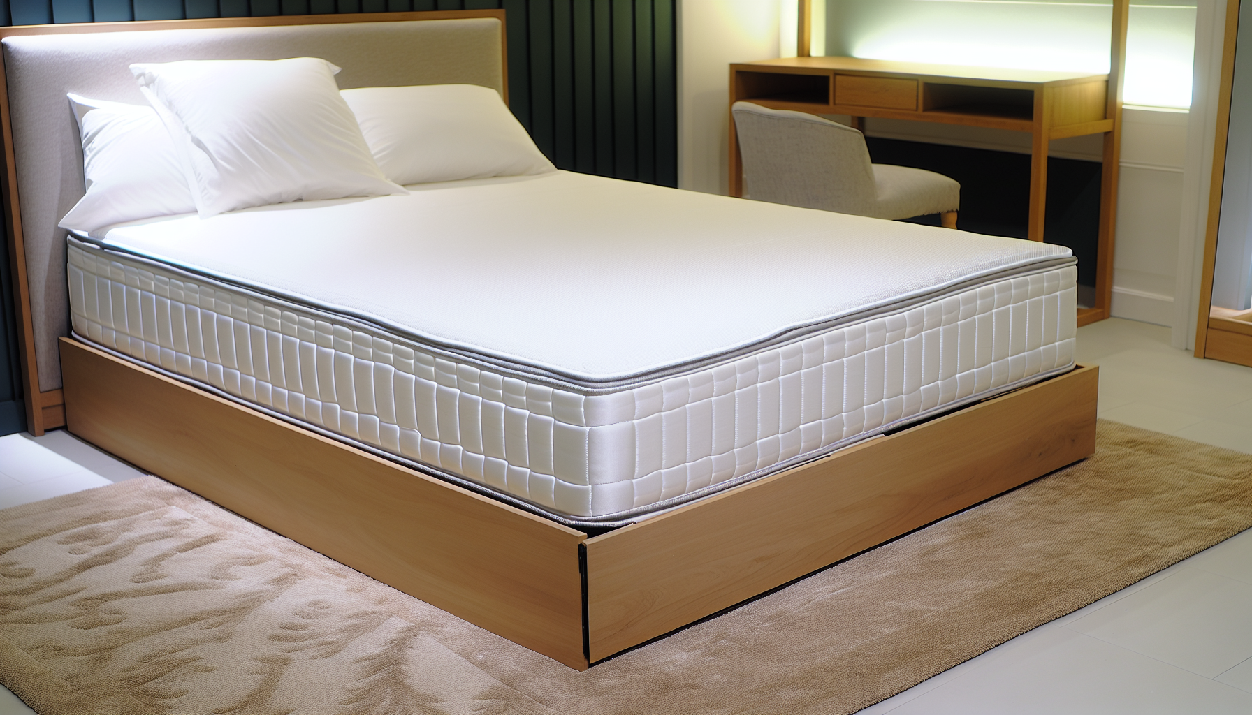 Ein gut gestaltetes Boxspringbett, das Ã¼ber einen stabilen Bettrahmen und eine bequeme Matratze verfÃ¼gt, die von einem Holz-Boxspring unterstÃ¼tzt wird. Das Bett ist mit einem Set aus frischen, weiÃŸen Bettlaken und ein paar flauschigen Kissen geschmÃ¼ckt. Das Kopfteil hat ein einfaches, aber elegantes Design. Die Bettumgebung wird durch dezente Ambientebeleuchtung ergÃ¤nzt, die dem Setup eine gemÃ¼tliche und einladende AtmosphÃ¤re verleiht. Der umliegende Boden ist mit einem weichen Teppich ausgelegt, der zur WÃ¤rme des Raumes beitrÃ¤gt.