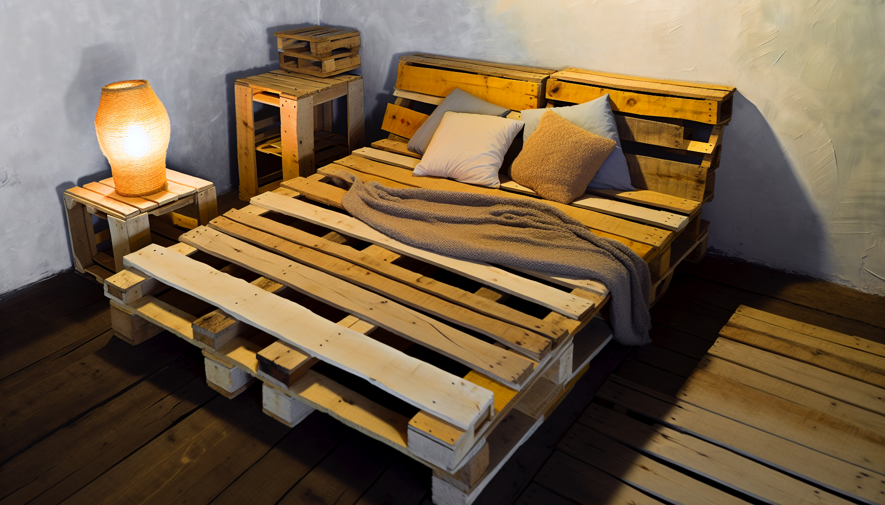 Eine Szene, die ein kreativ gestaltetes, rustikales Schlafzimmer zeigt. Im Zentrum steht ein einfaches, selbstgemachtes Bett, das aus gestapelten Holzpaletten gefertigt ist. Die raue Textur des rohen und unbehandelten Holzes fÃ¤llt ins Auge. Das Bett ist mit verschiedenen Kissen und einer weichen, einladenden Decke geschmÃ¼ckt. An der Seite steht ein kleiner Nachttisch, ebenfalls aus einer Palette gefertigt. Der gesamte Raum strahlt eine AtmosphÃ¤re von gemÃ¼tlicher Einfachheit aus. NatÃ¼rliches Licht dringt durch ein Fenster und wirft warmes Licht auf die PalettenmÃ¶bel, wodurch die Maserung des Holzes betont wird.