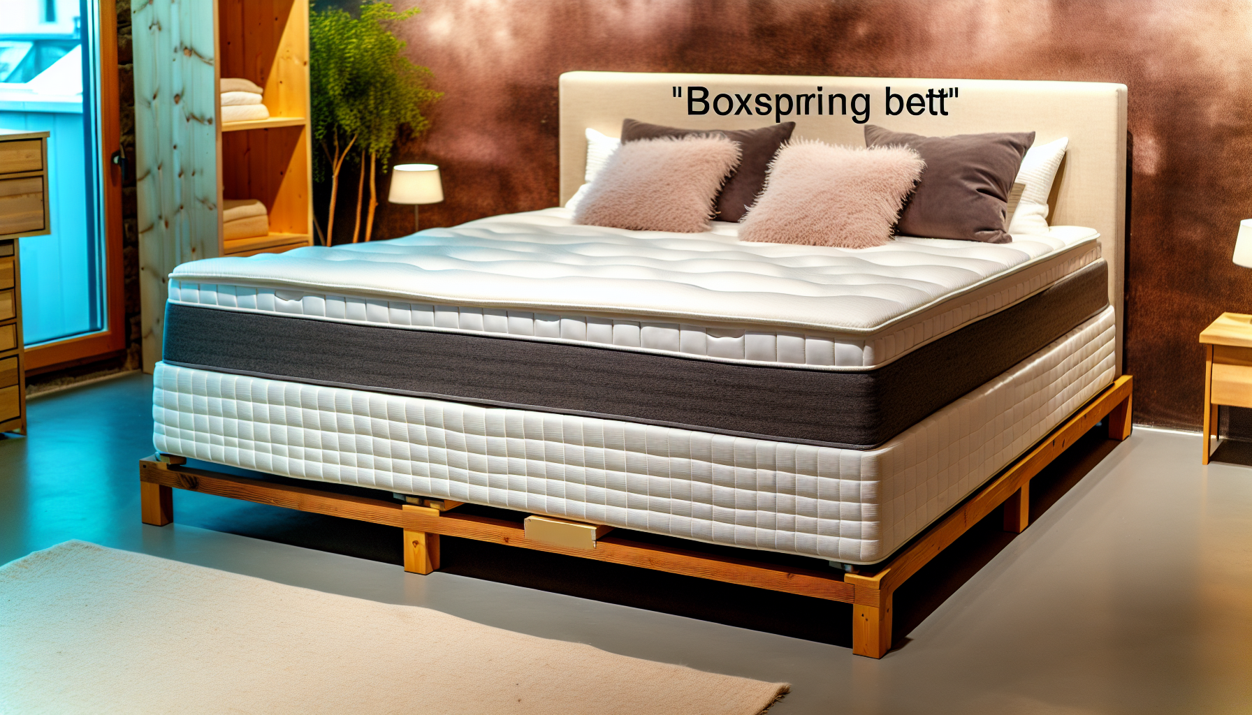 Stellen Sie sich ein Boxspringbett vor. Das Bett ist groß und komfortabel, mit einem stabilen Holzrahmen, der die Matratze stützt. Die Matratze selbst ist dick und plüschig und bietet ein luxuriöses Schlaferlebnis. Der Boxspring unter der Matratze trägt zur Gesamthöhe und Pracht des Bettes bei. Das Bett steht in einem geräumigen, gut beleuchteten Schlafzimmer, das eine gedämpfte Farbpalette für eine beruhigende Atmosphäre aufweist. Eine Reihe von weichen, flauschigen Kissen und eine gemütliche, warme Decke sind ordentlich auf dem Bett drapiert und laden dazu ein, sich auszuruhen und neue Energie zu tanken.