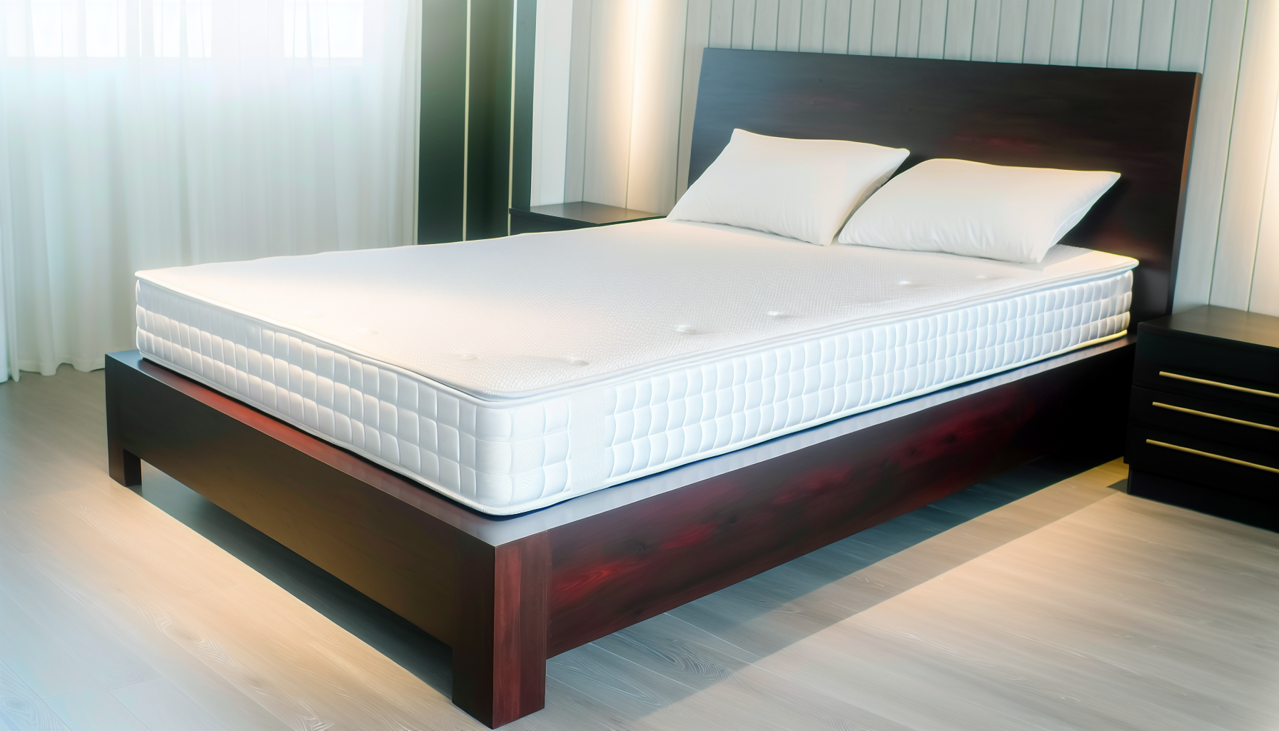 Ein gut gestaltetes Boxspringbett in einem minimalistisch eingerichteten Raum. Das Bett sollte groÃŸ und einladend sein, mit einem tiefen, reichhaltigen Holzrahmen. Die Matratze sollte plÃ¼schig sein und mit einer luxuriÃ¶sen weiÃŸen Bettdecke bedeckt sein. Das Bett sollte mit einer Vielzahl dekorativer Kissen geschmÃ¼ckt sein. Der Raum sollte im minimalistischen Stil dekoriert sein, mit einer gedÃ¤mpften Farbpalette und visueller Betonung auf dem Bett, was Ruhe und Gelassenheit unterstreicht.