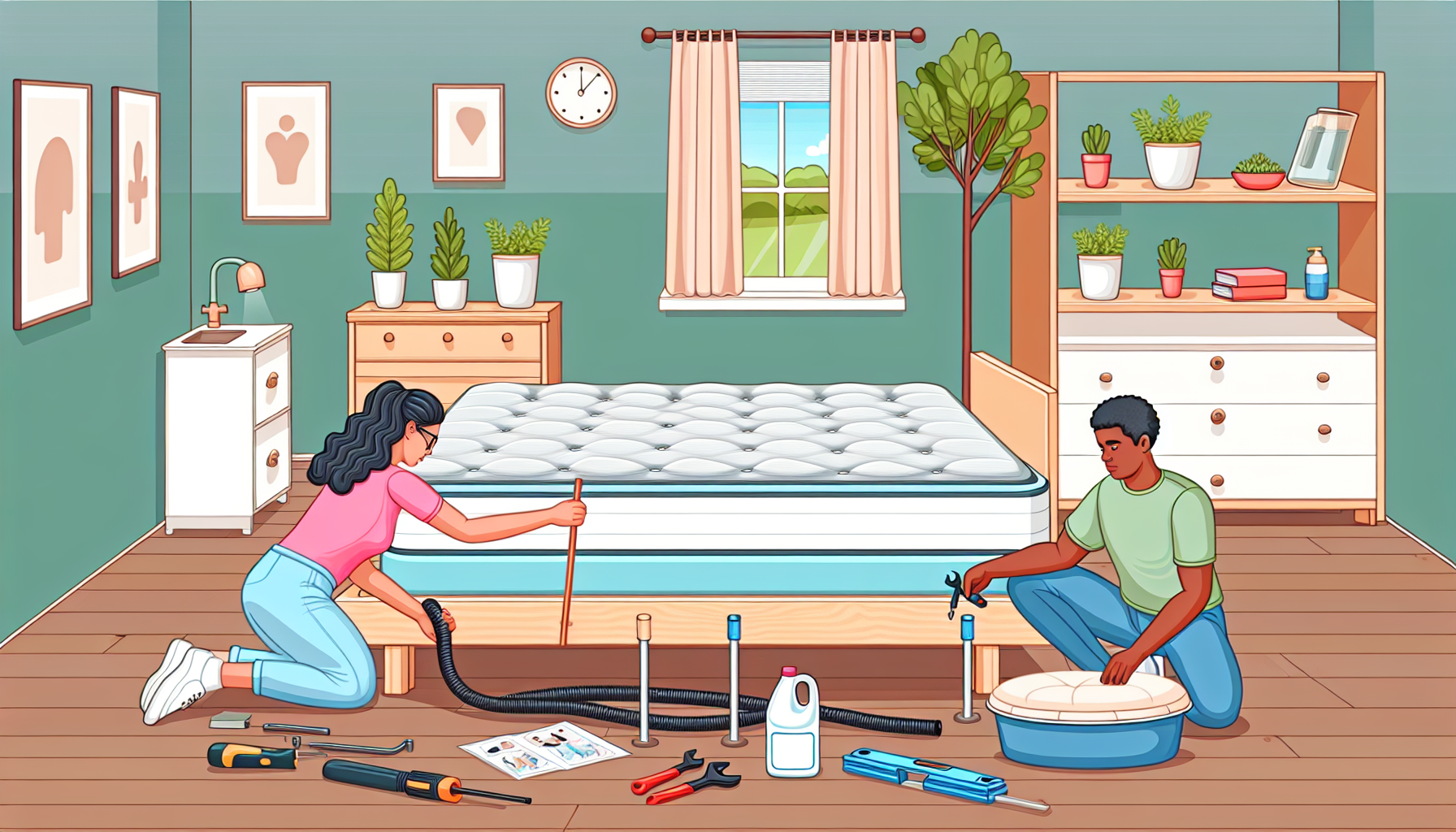 Detaillierte Illustration eines kaukasischen Mannes und einer schwarzen Frau, die in einem gut beleuchteten Raum ein Wasserbett aufbauen. Sie sind vertieft in die Anordnung des Bettgestells und das BefÃ¼llen der Matratze mit Wasser, wobei sie einen Schlauch verwenden, der mit einem Wasserhahn verbunden ist. Neben ihnen liegt ein Satz Anweisungen zum Aufbau des Bettes. AuÃŸerdem haben sie Werkzeuge wie einen SchraubenschlÃ¼ssel, einen Eimer und eine Wasserwaage. Die Raumdekoration umfasst pastellfarbene WÃ¤nde, ein Fenster mit VorhÃ¤ngen, HolzbÃ¶den und ein paar Zimmerpflanzen. Es gibt auch ein Regal mit verschiedenen Pflegeprodukten fÃ¼r das Bett: Conditioner, Vinylreiniger und Reparatursets.