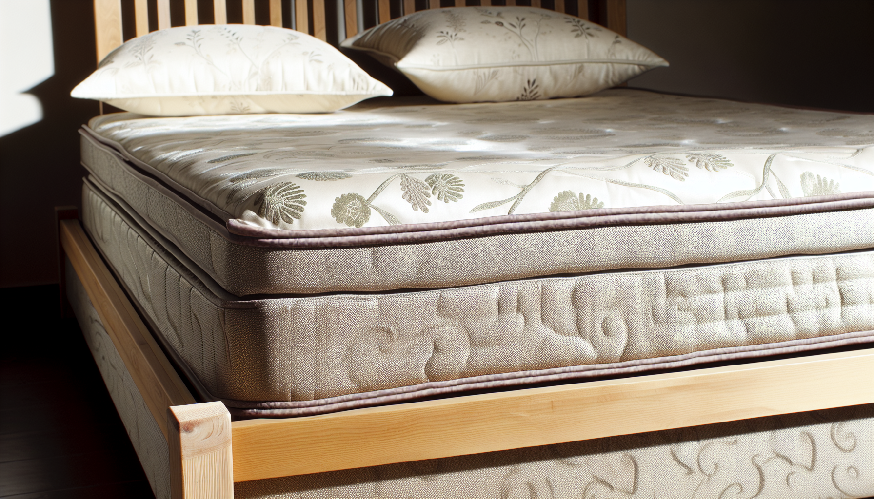 Ein detailliertes Bild eines Boxspringbettes. Der Bettrahmen besteht aus massivem Holz, mit einer Basis, die aus einem stabilen Boxspring besteht. Auf dem Boxspring liegt eine bequeme Matratze, die mit einem plÃ¼schigen dekorativen BettÃ¼berwurf in subtilen Mustern bedeckt ist. Das Kopfteil, aus demselben Holz wie der Rahmen geschnitzt, ragt hoch empor und verleiht der schlichten Struktur eine elegante Note. Weiche Kissen sind ordentlich angeordnet und laden zu einem GefÃ¼hl von Komfort und Entspannung ein. Das Licht im Raum wirft sanfte Schatten, die die Texturen und die Tiefe des Bettes und seiner Umgebung betonen.