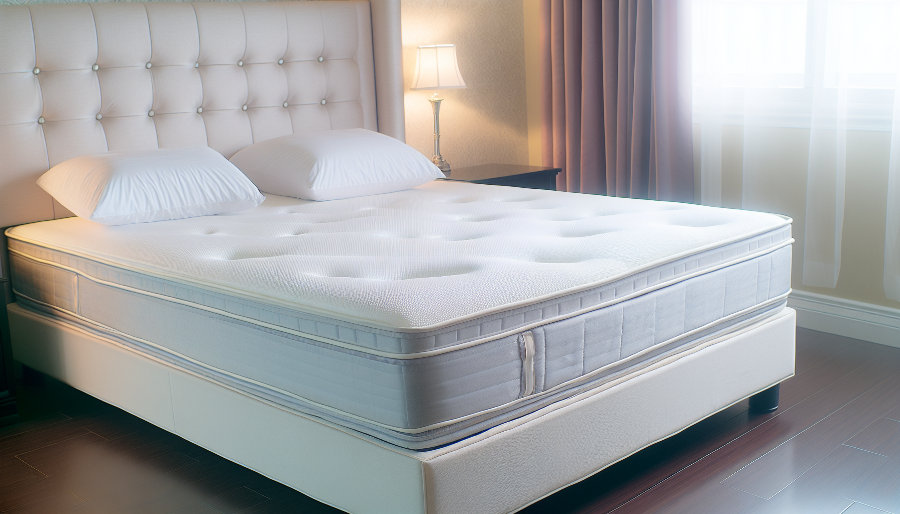 Ein groÃŸes, komfortables Boxspringbett steht zentral in einem geschmackvoll eingerichteten Schlafzimmer. Das Bett hat eine dicke, plÃ¼schige Matratze, die auf einem stabilen Boxspring ruht, und ist mit frischen, weiÃŸen Bettlaken bedeckt. Weiche Kissen sind gegen ein hohes, gepolstertes Kopfteil angeordnet. Sanftes Licht strÃ¶mt durch ein nahegelegenes Fenster und verleiht dem Raum eine warme und einladende AtmosphÃ¤re.
