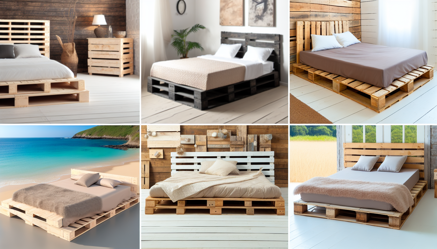 Ein Bild, das eine Vielzahl von Palettenbetten zeigt. Die Betten sind aus sorgfÃ¤ltig gefertigten Holzpaletten hergestellt, jedes Design ist einzigartig. Sie sind in verschiedenen Umgebungen platziert, wie in einem rustikalen Schlafzimmer eines Landhauses, einem urbanen Loft und einer idyllischen Strandkulisse. Einige Betten sind mit weicher BettwÃ¤sche und plÃ¼schigen Kissen geschmÃ¼ckt, wÃ¤hrend andere schlicht sind und die rohe SchÃ¶nheit der Holzpaletten zur Schau stellen.