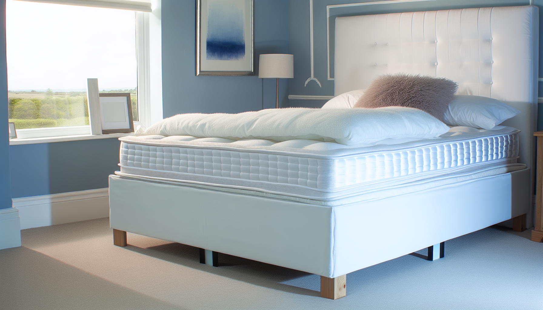 Ein Boxspringbett steht in einem elegant eingerichteten Schlafzimmer. Das Bett ist mit einer plüschigen weißen Bettdecke und flauschigen Kissen bedeckt. Der Schlafzimmerboden ist mit Teppich ausgelegt, und die Wände sind in einem beruhigenden Blauton gestrichen. Minimalistische Gemälde hängen an den Wänden, und ein Holznachttisch steht neben dem Bett, auf dem eine Lampe und eine Uhr stehen. Sanftes, natürliches Licht strömt durch ein großes Fenster mit weißen Vorhängen.