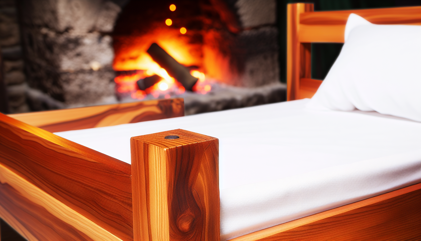 Ein robustes Bett aus massivem, poliertem Holz mit starken StÃ¼tzpfosten an jeder Ecke. Das Holz hat einen reichen, warmen Farbton, der seine natÃ¼rliche Maserung und SchÃ¶nheit zur Geltung bringt. Das Bett ist mit frischer, sauberer, weiÃŸer BettwÃ¤sche geschmÃ¼ckt, die vor den glÃ¼henden Kohlen eines nahegelegenen Kamins liegt. Die gesamte Umgebung strahlt eine einladende, gemÃ¼tliche AtmosphÃ¤re aus, die perfekt fÃ¼r einen komfortablen Schlaf und erholsame Ruhe ist.
