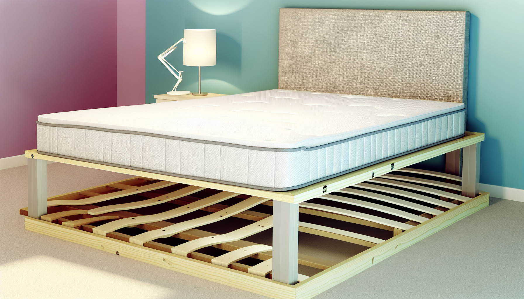 Ein Bild eines Boxspringbettes, das typischerweise aus Holzlatten besteht, die mit einem Stoffmaterial bedeckt sind. Die Struktur des Bettrahmens ist deutlich sichtbar, und die darauf liegende Matratze ist ebenso proportioniert. Der umliegende Bereich ist minimalistisch mit einem Nachttisch und einer Leselampe dekoriert. Die Hintergrundwand zeigt eine beruhigende Farbpalette, die zur Entspannung beitrÃ¤gt.