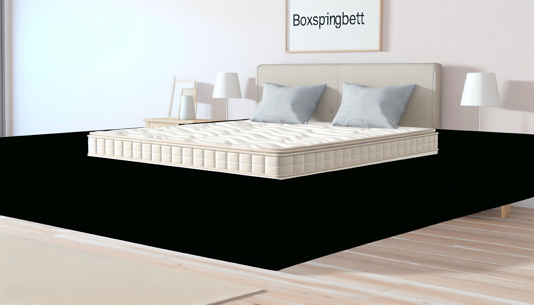 Stellen Sie sich ein Boxspringbett vor, das in Deutschland weit verbreitet ist. Es besteht aus einer stabilen, federgefüllten Box als Grundlage, die typischerweise mit Stoff bezogen ist, und einer bequemen Matratze obenauf. Oft ist auch ein Kopfteil angebracht. Das Design verleiht dem Bett ein grandioses und luxuriöses Aussehen. Die Farbe des Bettes ist neutral, vielleicht weiß oder beige, um sich leicht mit verschiedenen Raumdekoren zu kombinieren. Der Raum selbst hat eine minimalistische Einrichtung, mit hellen Wänden und einfachen, geschmackvollen Kunstwerken, die an der Wand hängen.