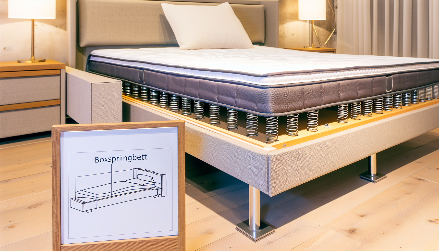 Ein detailliertes Bild eines Boxspringbetts, einem traditionellen deutschen Bett, das durch seine einzigartige Konstruktion gekennzeichnet ist. Es umfasst einen stabilen Holz- oder Metallrahmen, der mit Federn verstÃ¤rkt ist. Auf diesem Rahmen befindet sich eine bequeme Matratze, die ausreichend UnterstÃ¼tzung bietet. Das Bett zeichnet sich durch ein anspruchsvolles Design mit einem sauberen und polierten Look aus. Es steht in einem gut beleuchteten und modernen Schlafzimmer mit minimalistischer Dekoration. An beiden Seiten des Bettes befinden sich geschmackvolle Nachttische mit Leselampen, die den Bereich beleuchten.