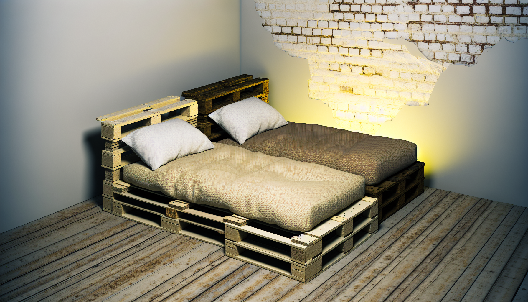 Eine Darstellung von Palettenbetten. Die Szene besteht aus zwei Palettenbetten, die auf einem gealterten Holzboden platziert sind. Jedes Bett besteht aus zwei Ã¼bereinander gestapelten Holzpaletten, die die rohen Texturen und ein rustikales Finish zeigen. Auf den Paletten liegen Matratzen, die mit einfachen, erdtonfarbenen, gesteppten Decken bedeckt sind und mit ein paar weichen, flauschigen Kissen geschmÃ¼ckt sind. Im Hintergrund ist eine weiÃŸe Wand mit Ziegelstruktur zu sehen, die einen Kontrast zum rustikalen Aussehen der Paletten bietet. Das gesamte Setting wird von einem schwach beleuchteten Raum mit sanftem, warmem, gelbem Licht, das durch ein nahegelegenes Fenster strÃ¶mt, akzentuiert und verleiht eine beruhigende und friedliche AtmosphÃ¤re.