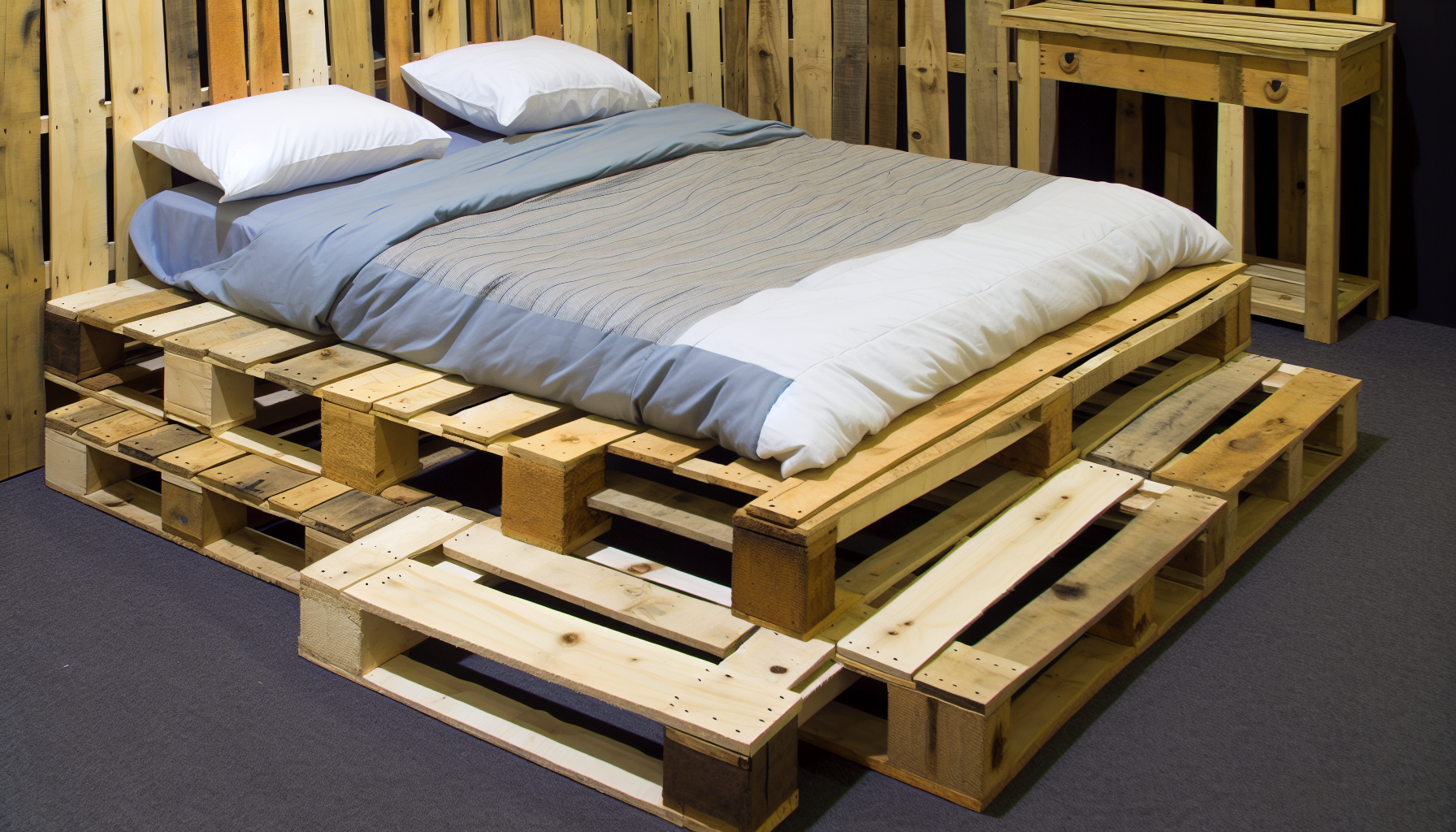 Ein Bild von Palettenbetten. Diese Betten sind kreativ aus Holzpaletten gefertigt und oft in einem rustikalen oder industriellen Stil zu sehen. Sie verfÃ¼gen Ã¼ber einen einfachen Bettrahmen, der aus gleichmÃ¤ÃŸig angeordneten, massiven Holzplanken besteht, die gestapelt und miteinander verbunden sind. Die Paletten sind geschliffen und mit einem Lack versehen, um die Holzmaserung hervorzuheben. Einige Designs beinhalten integrierte Nachttische und Stauraum unter dem Bett. Die BettwÃ¤sche und Kissen stehen im Kontrast zur Robustheit des Holzes und verleihen einen Ã¤sthetischen Reiz. Das gesamte Ambiente ist lÃ¤ssig und einladend.