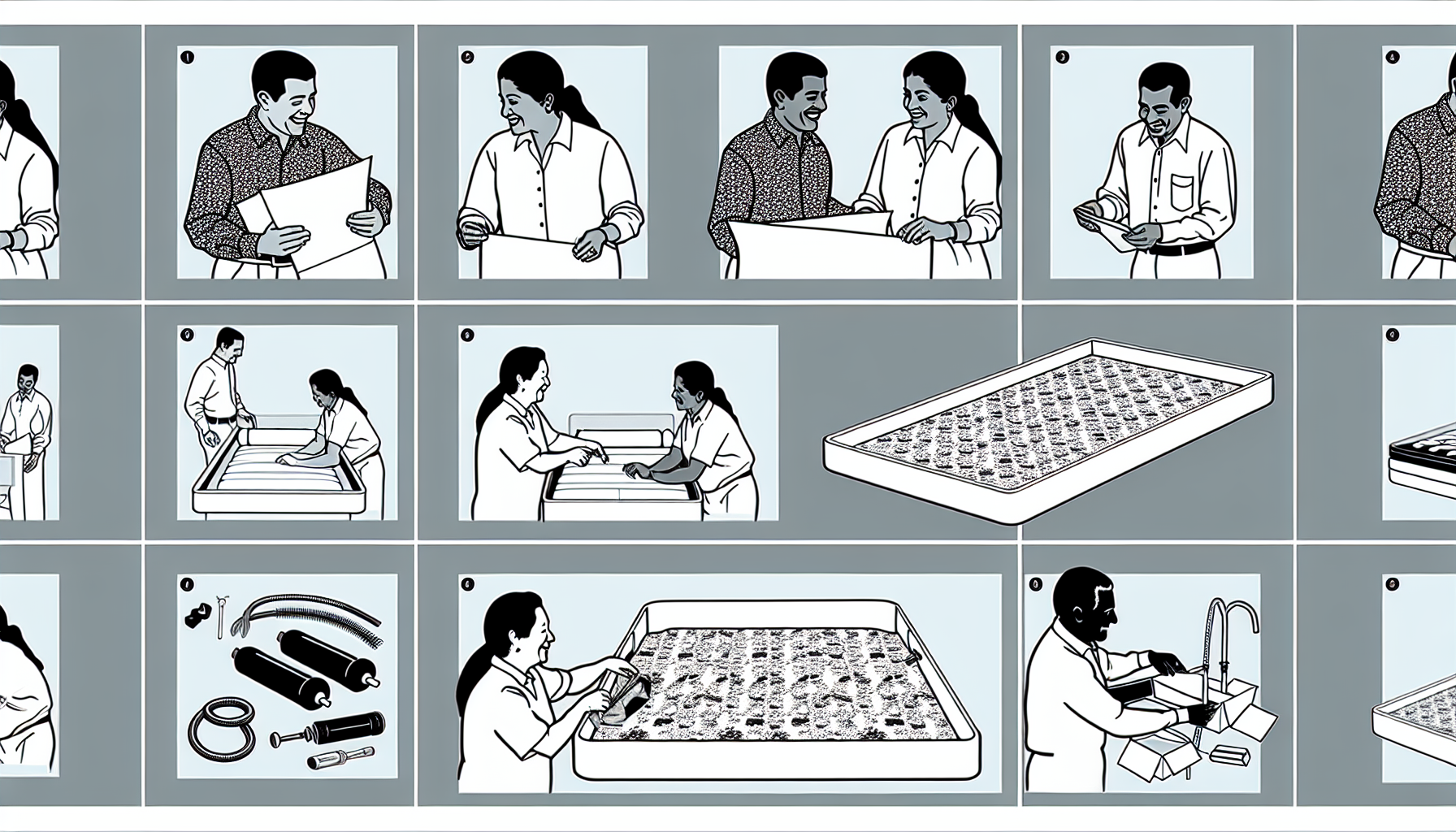 Eine detaillierte Illustration, wie man ein Wasserbett aufstellt und pflegt. Das erste Panel kÃ¶nnte ein Paar zeigen, das das Bett in der Verpackung erhÃ¤lt. In den mittleren Panels sind eine hispanische Frau und ein sÃ¼dasiatischer Mann zu sehen, die das Bett zusammenbauen, einschlieÃŸlich des BefÃ¼llens mit Wasser. Wichtige Werkzeuge wie ein Schlauch und eine Pumpe kÃ¶nnten ebenfalls sichtbar sein. Die letzten Panels kÃ¶nnten die Frau und den Mann zeigen, wie sie sich um das Bett kÃ¼mmern, zum Beispiel die Wassertemperatur anpassen, die BettoberflÃ¤che reinigen und auf Lecks Ã¼berprÃ¼fen. Sowohl die Frau als auch der Mann sollten mit ihrer Arbeit zufrieden aussehen.