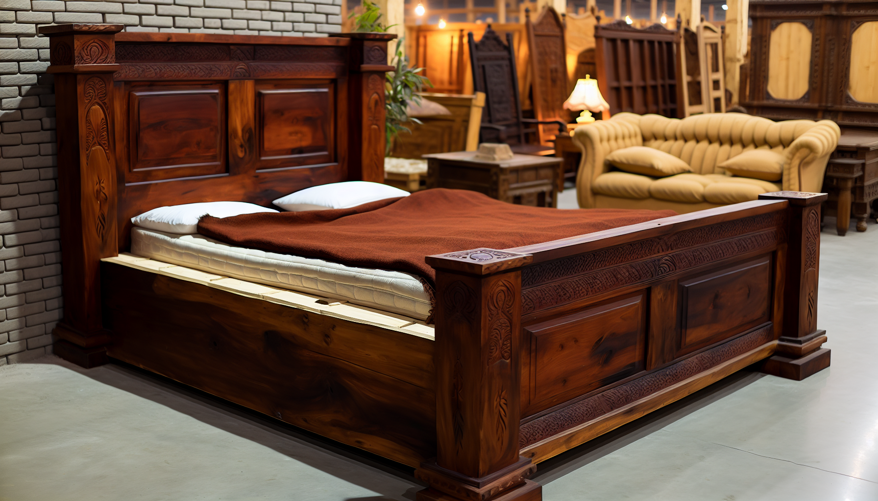 Ein großes, robustes Bett aus massivem Holz. Es ist wunderschön mit filigranen Designs geschnitzt, was ihm einen vintage Look verleiht. Das Holz hat eine tiefe, reiche Farbe, die seine ästhetische Anziehungskraft verstärkt. Das Bett verfügt über ein hohes Kopf- und Fußteil, die beide aufwendig gestaltet sind. Eine bequeme Matratze mit plüschigen Kissen und einer warmen Decke liegt auf dem Bett und lädt zu einem erholsamen Schlaf ein. Die Atmosphäre rund um das Bett ist gemütlich und friedlich, perfekt für eine ruhige Ruhepause. Bitte erfassen Sie all diese Details für eine perfekte Nachbildung eines massiven Holzbettes.