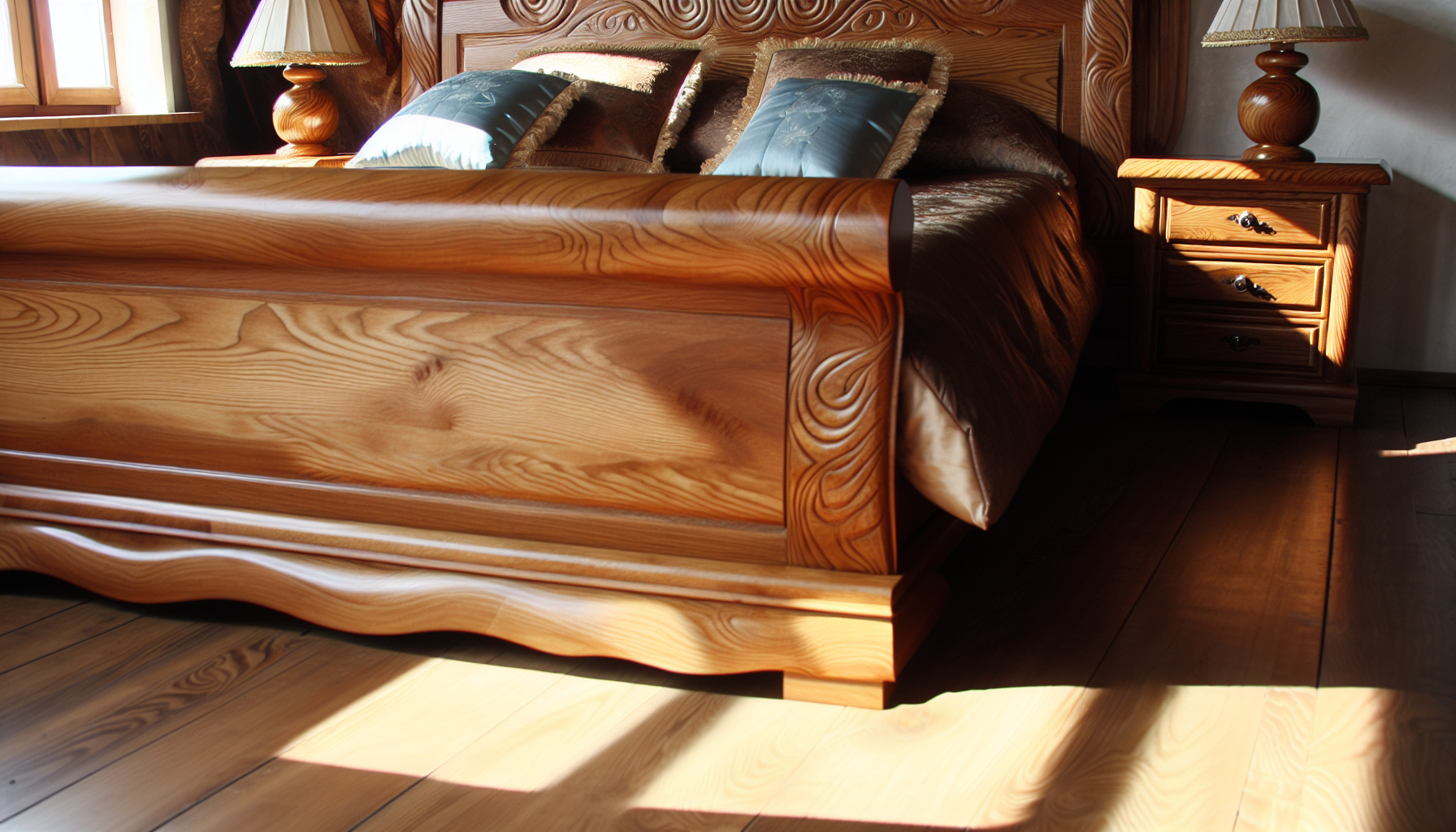 Ein groÃŸes, robustes Bett aus massivem Holz. Das Holz ist fein poliert und zeigt ein wunderschÃ¶nes Maserungsmuster. Das Kopfteil ist hoch und aufwendig mit komplizierten, geschwungenen Designs geschnitzt. Passende Nachttische stehen auf beiden Seiten des Bettes, jeder mit einer kleinen Lampe und einer Schublade. Die BettwÃ¤sche ist plÃ¼schig und luxuriÃ¶s, mit einer dicken Decke und mehreren Kissen in verschiedenen Blau- und CremetÃ¶nen. Sanftes, geflecktes Sonnenlicht strÃ¶mt durch ein Fenster und wirft einen warmen Schein Ã¼ber die Szene.