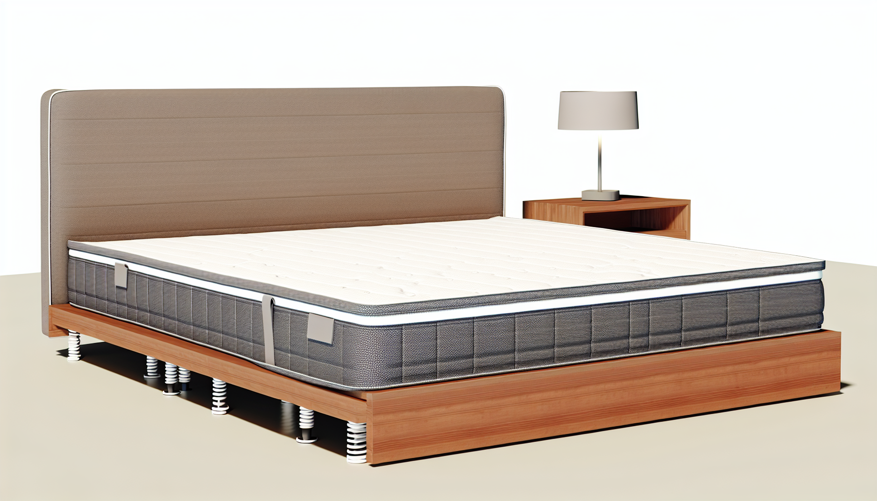 Ein detailliertes Bild eines Boxspringbetts. Diese Art von Bett ist aufgrund ihres einzigartigen Designs sehr beliebt. Es verfÃ¼gt Ã¼ber einen stabilen Holzrahmen, der mit Stoff bezogen ist, und eine groÃŸe Matratze obenauf. Die Matratze sollte eine gepflegte, plÃ¼schige OberflÃ¤che mit sichtbaren NÃ¤hten haben. Das Kopfteil sollte einfach, aber luxuriÃ¶s aussehen. Das Bett sollte zentral in einem gut beleuchteten, modernen Schlafzimmer mit minimalistischem Design platziert sein. Auf einer Seite des Bettes sollte ein Nachttisch stehen, auf dem eine zeitgenÃ¶ssische Lampe steht. Die Lampe sollte eingeschaltet sein und ein warmes Licht auf das Bett werfen.