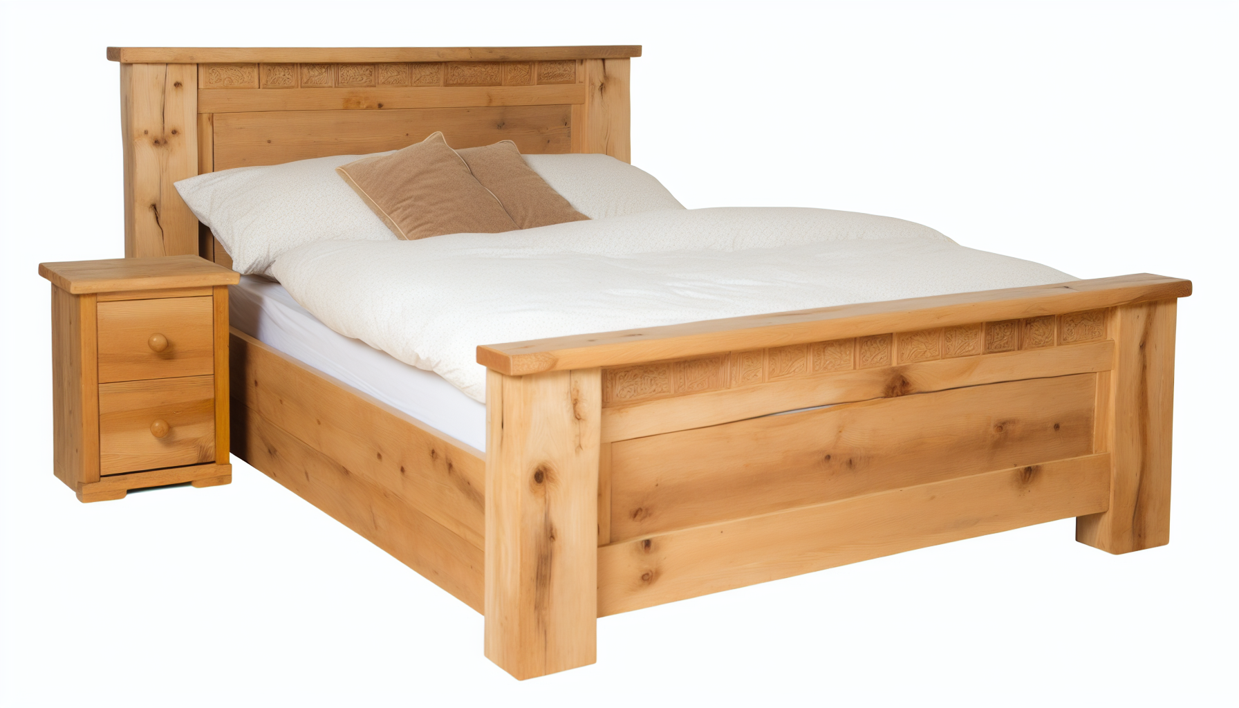 Ein robustes Bett aus massivem, natürlichem, unbehandeltem Holz. Der Bettrahmen ist mit kunstvollen Schnitzmustern verziert, die eine detaillierte Handwerkskunst zeigen. Es hat ein hohes rechteckiges Kopfteil und wird von einem passenden Nachttisch aus Holz begleitet. Das Bett ist mit weicher, bequemer Bettwäsche ausgestattet, die aus einer dicken Decke und einem Kissen-Set besteht.