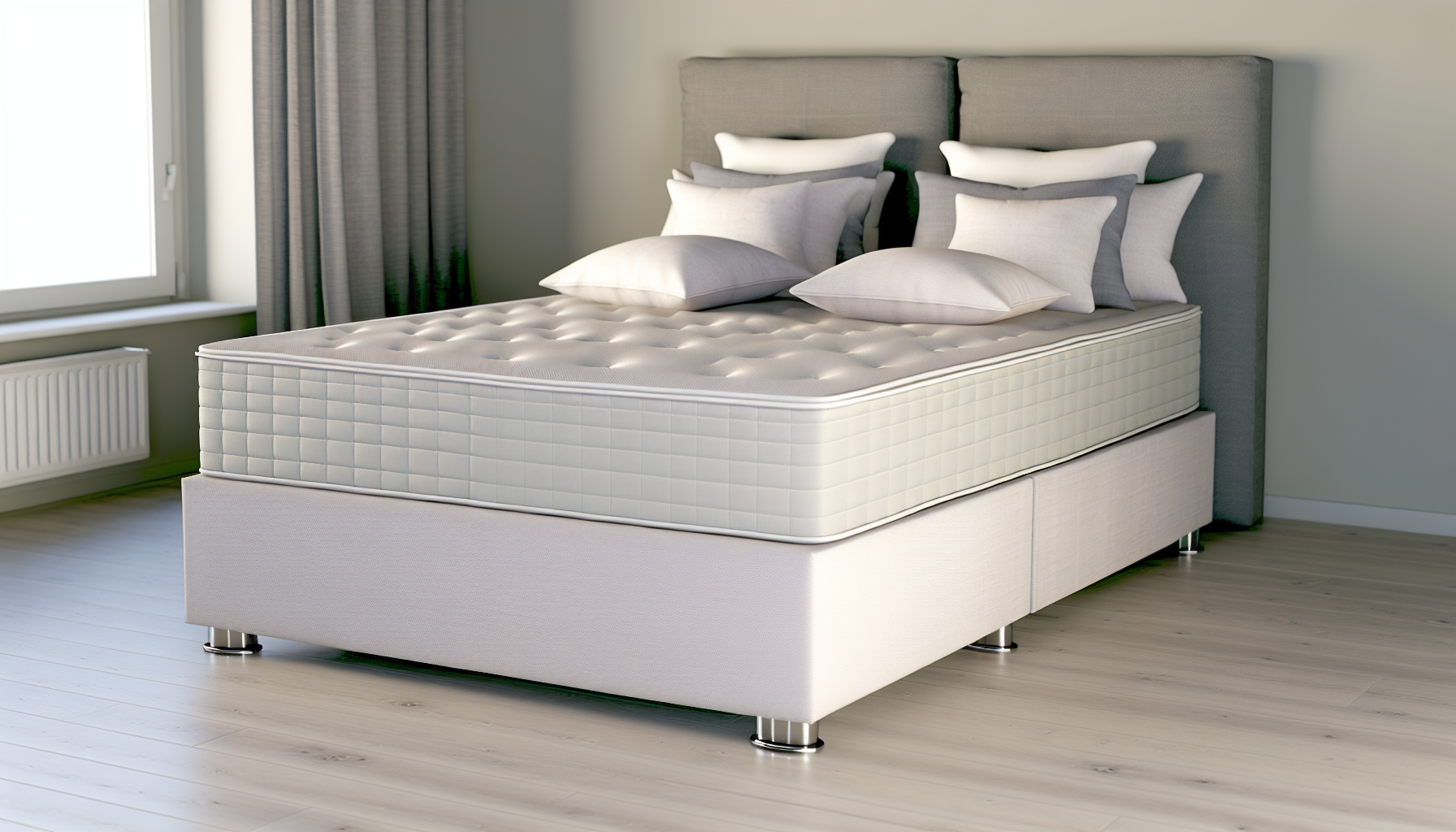Ein hochauflÃ¶sendes Bild eines Boxspringbetts, einer in Deutschland beliebten Bettart, die durch ihre Boxspringbasis gekennzeichnet ist. Das Bett hat einen stabilen Rahmen mit einer plÃ¼schigen und gemÃ¼tlichen Matratze obenauf. Es ist mit weichen Bettlaken in einem ruhigen Farbton bedeckt, und mehrere flauschige Kissen sind ordentlich darauf angeordnet. Das Kopfteil ist gepolstert, um zusÃ¤tzlichen Komfort zu bieten. Das Bett steht in einem geschmackvoll gestalteten Schlafzimmer mit sorgfÃ¤ltig ausgewÃ¤hlten VorhÃ¤ngen und subtiler Beleuchtung, die eine warme und einladende AtmosphÃ¤re schafft.