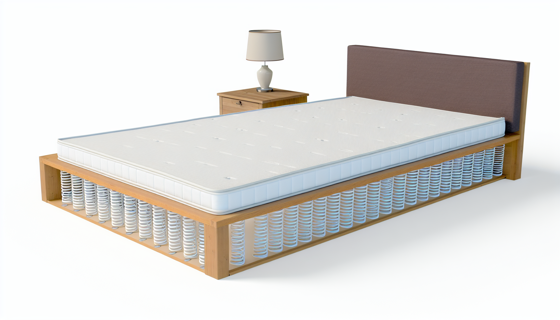 Ein Bild eines Boxspringbetts, auch bekannt als Boxspringbett. Es ist eine beliebte Bettart, die hauptsÃ¤chlich in Deutschland verwendet wird und aus einem stabilen Holzrahmen besteht, der mit Stoff bezogen ist und ein Federungssystem beherbergt. Das Bett hat ein lineares, flaches Design. Die Matratze liegt direkt auf der Boxspring und bietet zusÃ¤tzlichen Halt und Federung. Auf der Matratze liegt ein ordentlich passendes Bettlaken und weiche, flauschige Kissen am Kopfende. Neben dem Bett steht ein kleiner Nachttisch mit einer eleganten Lampe darauf.