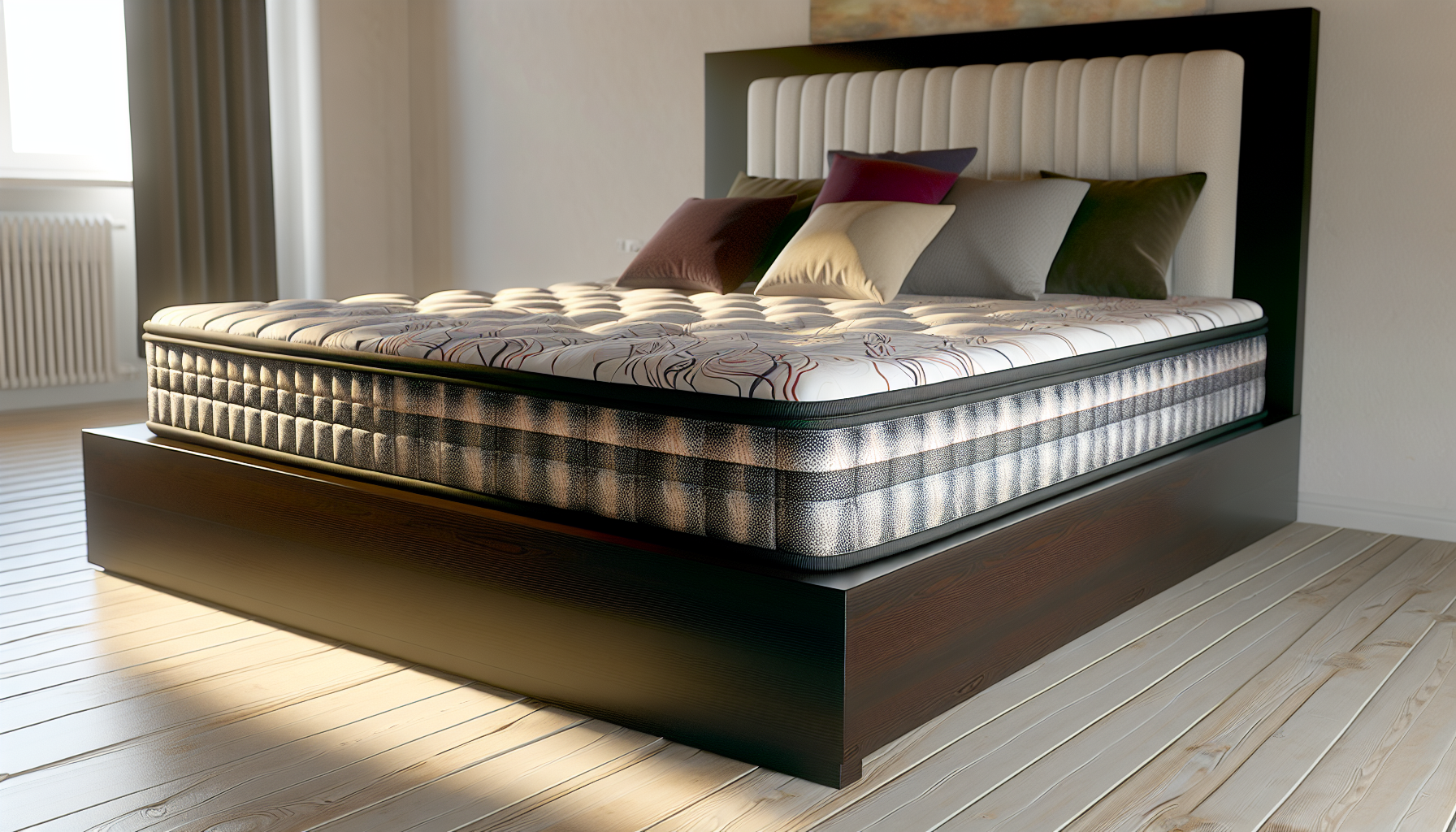 Eine detaillierte Visualisierung eines Boxspringbetts, auch bekannt als 'Boxspringbett' auf Deutsch. Das Bett ist prominent in der Mitte eines modernen, aber gemÃ¼tlichen Schlafzimmers platziert. Der Bettrahmen ist schlank und aus dunklem, poliertem Holz gefertigt. Die Matratze ist dick und Ã¼ppig, sichtbar Ã¼ber dem Boxspring, eingekleidet in hochwertige Bettlaken mit einem subtilen abstrakten Muster. Kissen und Polster liegen ordentlich auf dem Bett und bringen Farbtupfer in die Szene. Das Kopfteil des Bettes ist gepolstert und mit einem Stoff bezogen, der zu den Bettlaken passt. Sonnenlicht filtert sanft durch ein groÃŸes Fenster und verleiht der gesamten Umgebung eine warme und ruhige AtmosphÃ¤re.